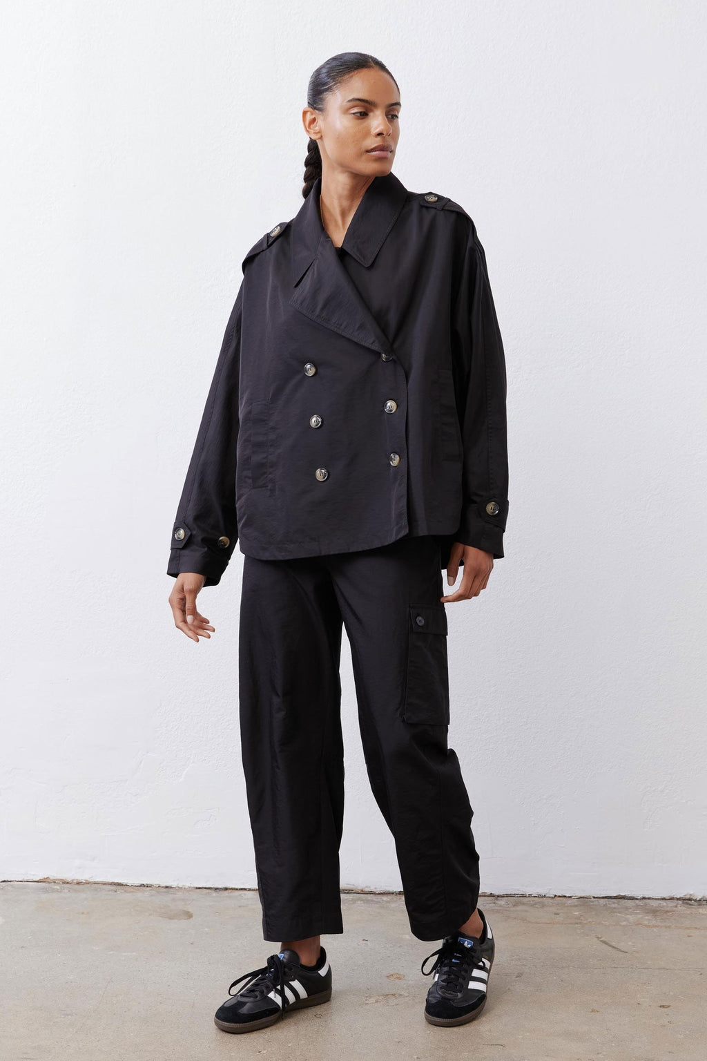 Oversized Nylon Trench Coat in Black