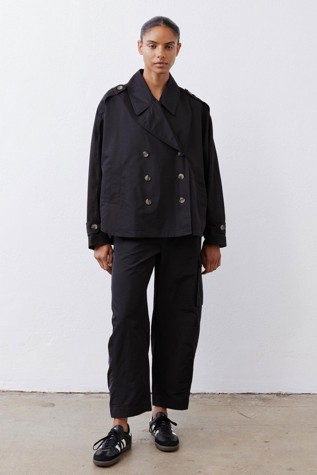 Oversized Nylon Trench Coat in Black