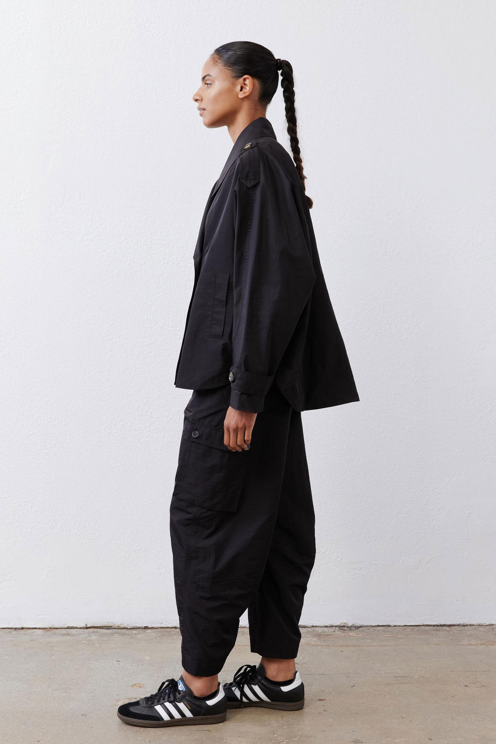 Oversized Nylon Trench Coat in Black