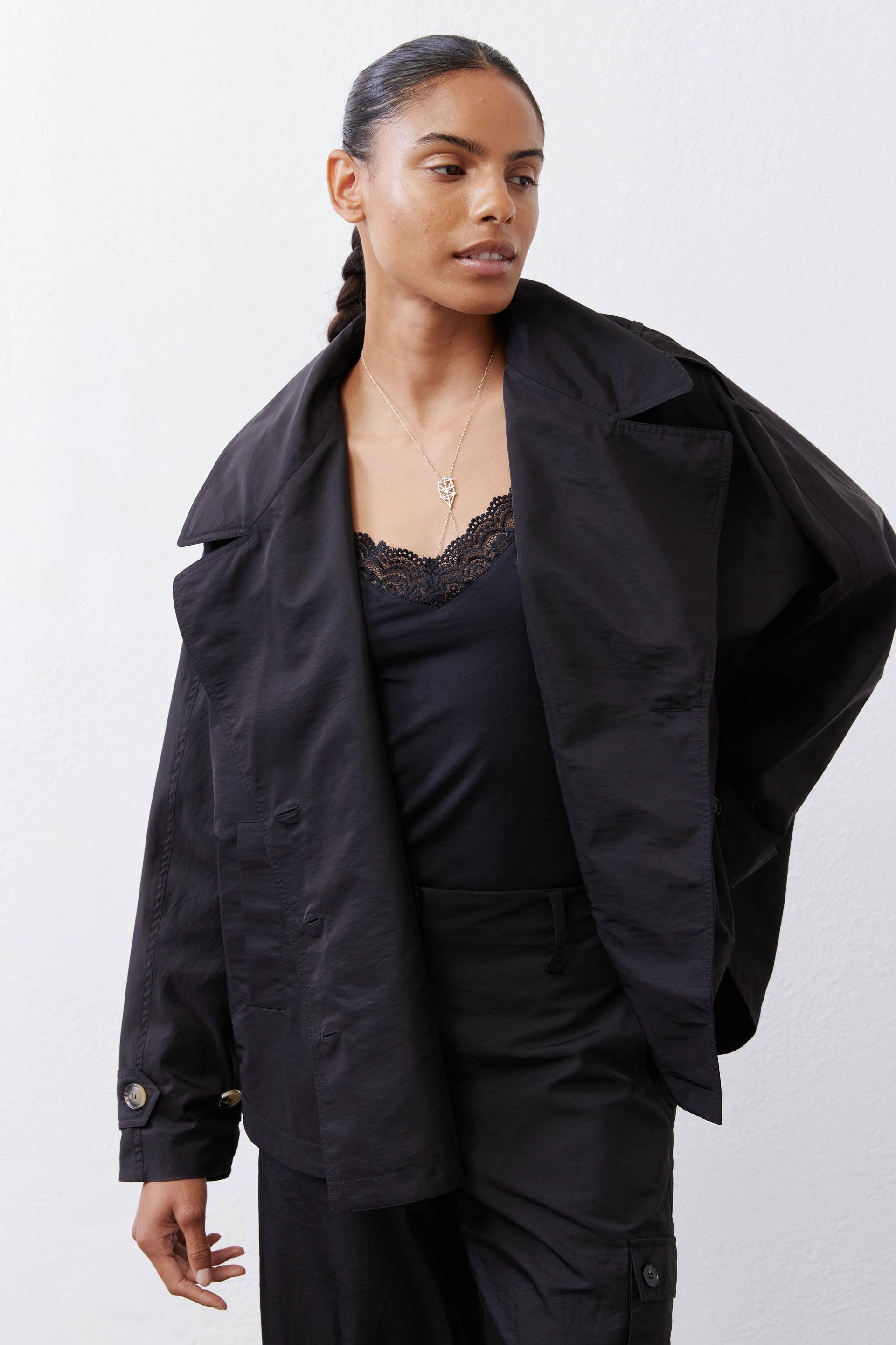 Oversized Nylon Trench Coat in Black