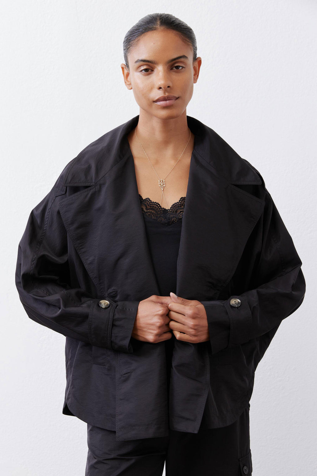 Oversized Nylon Trench Coat in Black