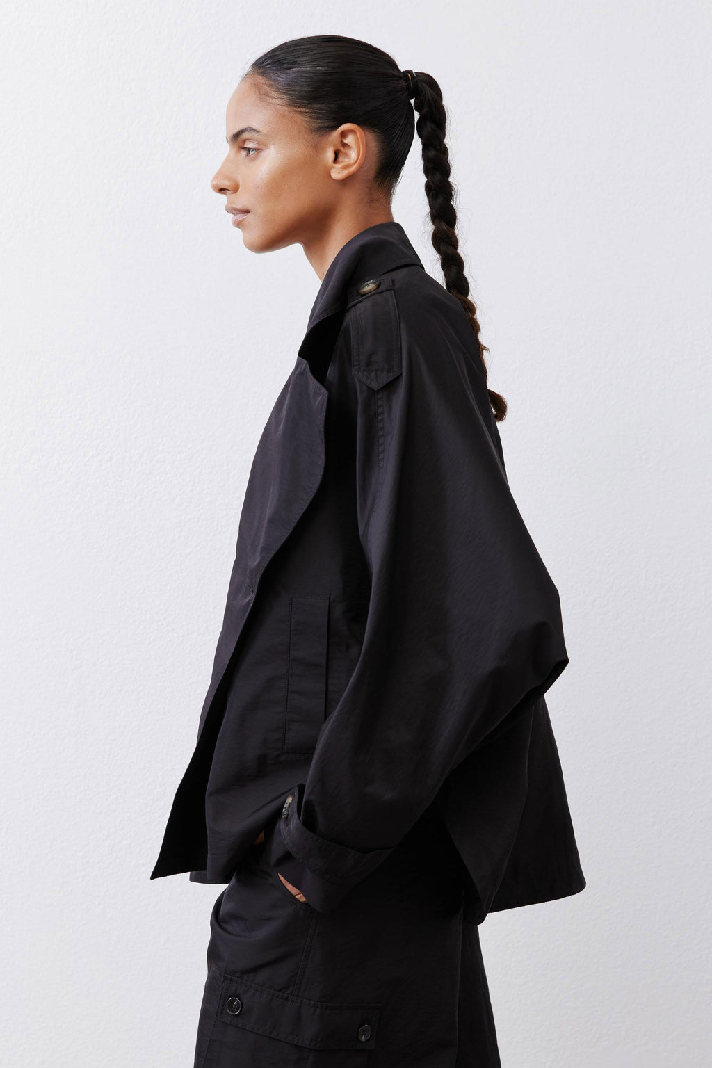 Oversized Nylon Trench Coat in Black