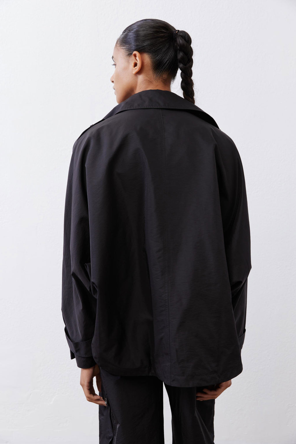 Oversized Nylon Trench Coat in Black