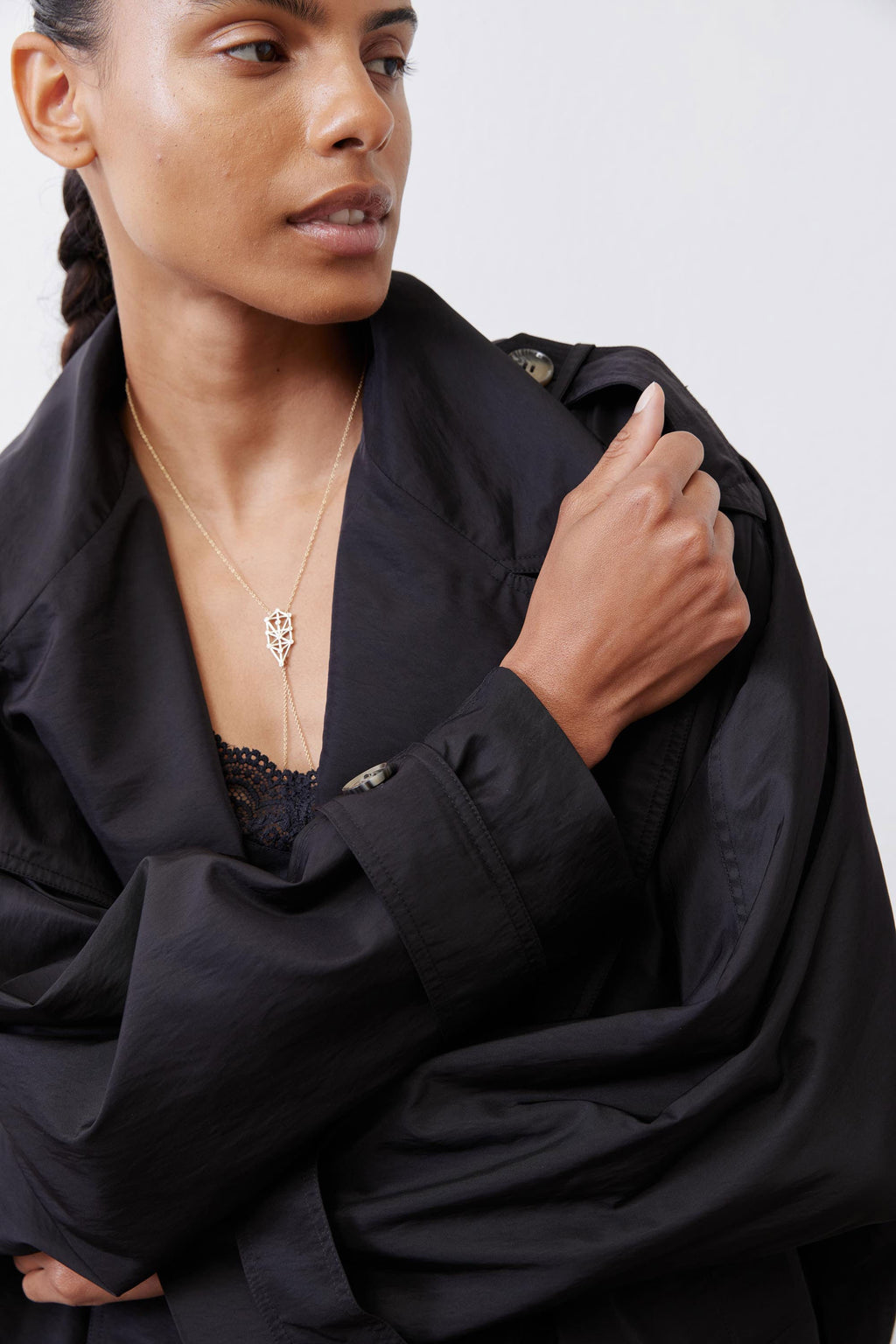 Oversized Nylon Trench Coat in Black