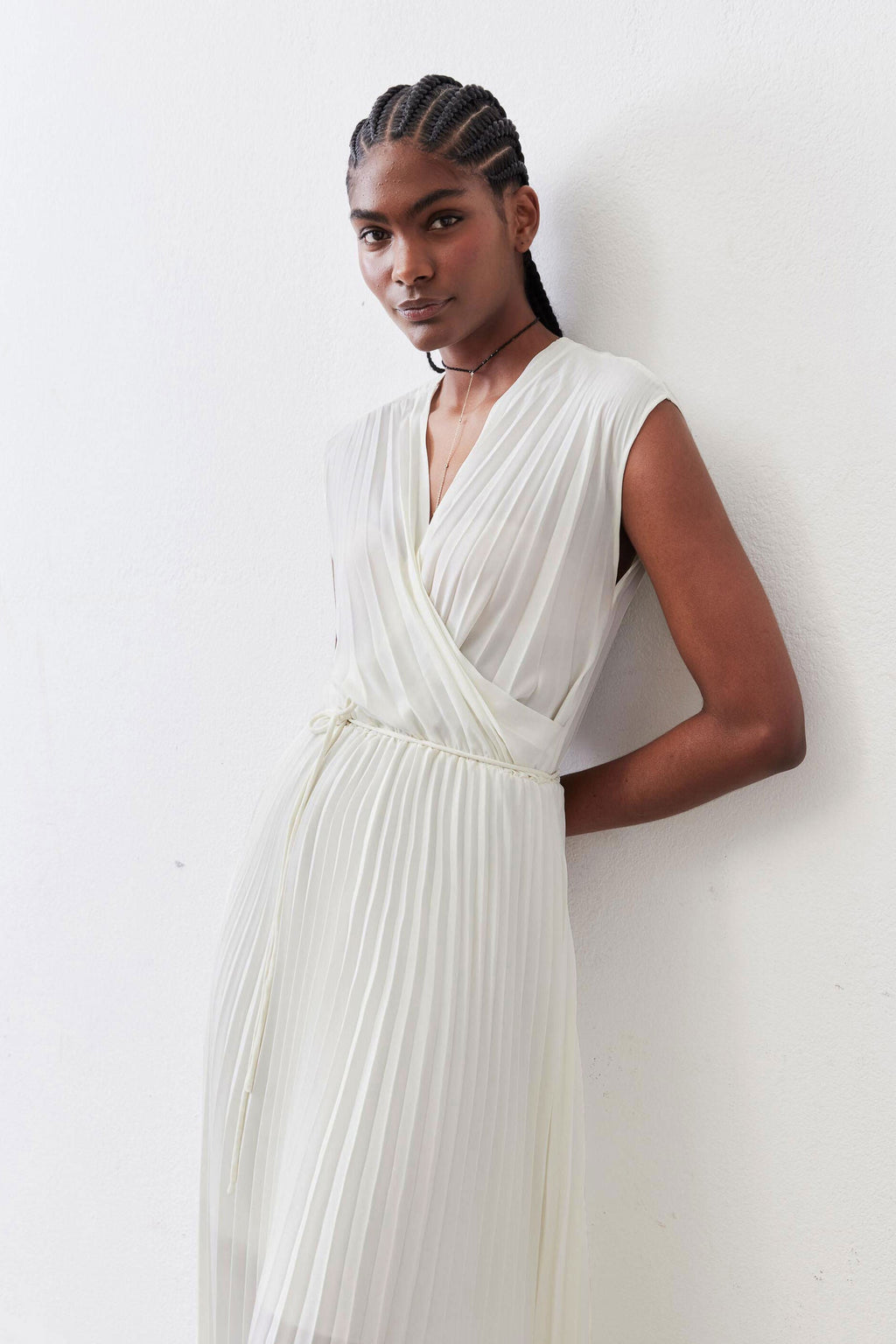 Pleated Cap-Sleeve Wrap Dress in Ivory