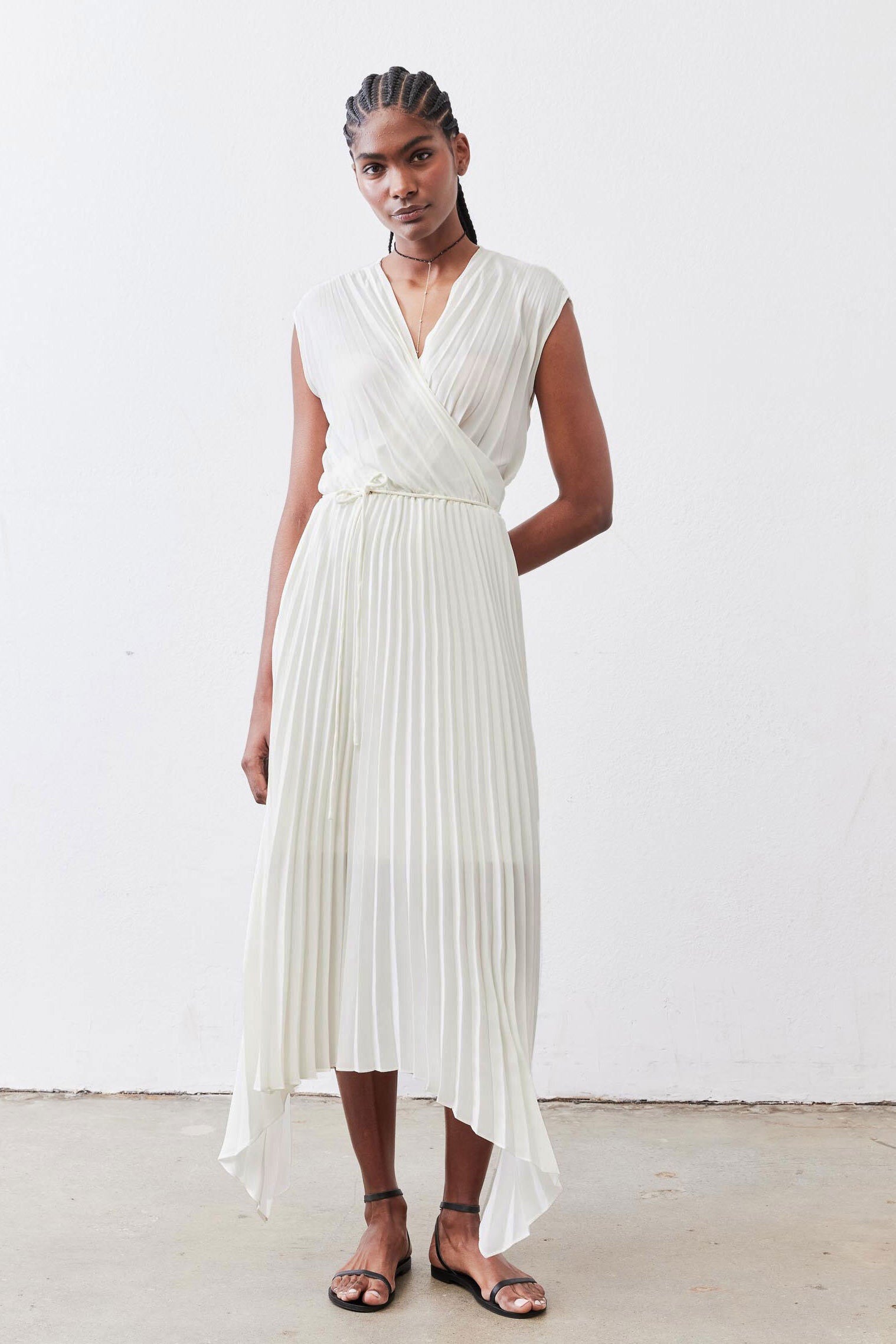 Pleated Cap-Sleeve Wrap Dress in Ivory