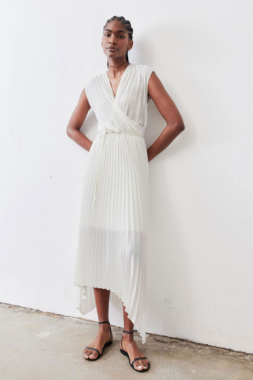 Pleated Cap-Sleeve Wrap Dress in Ivory