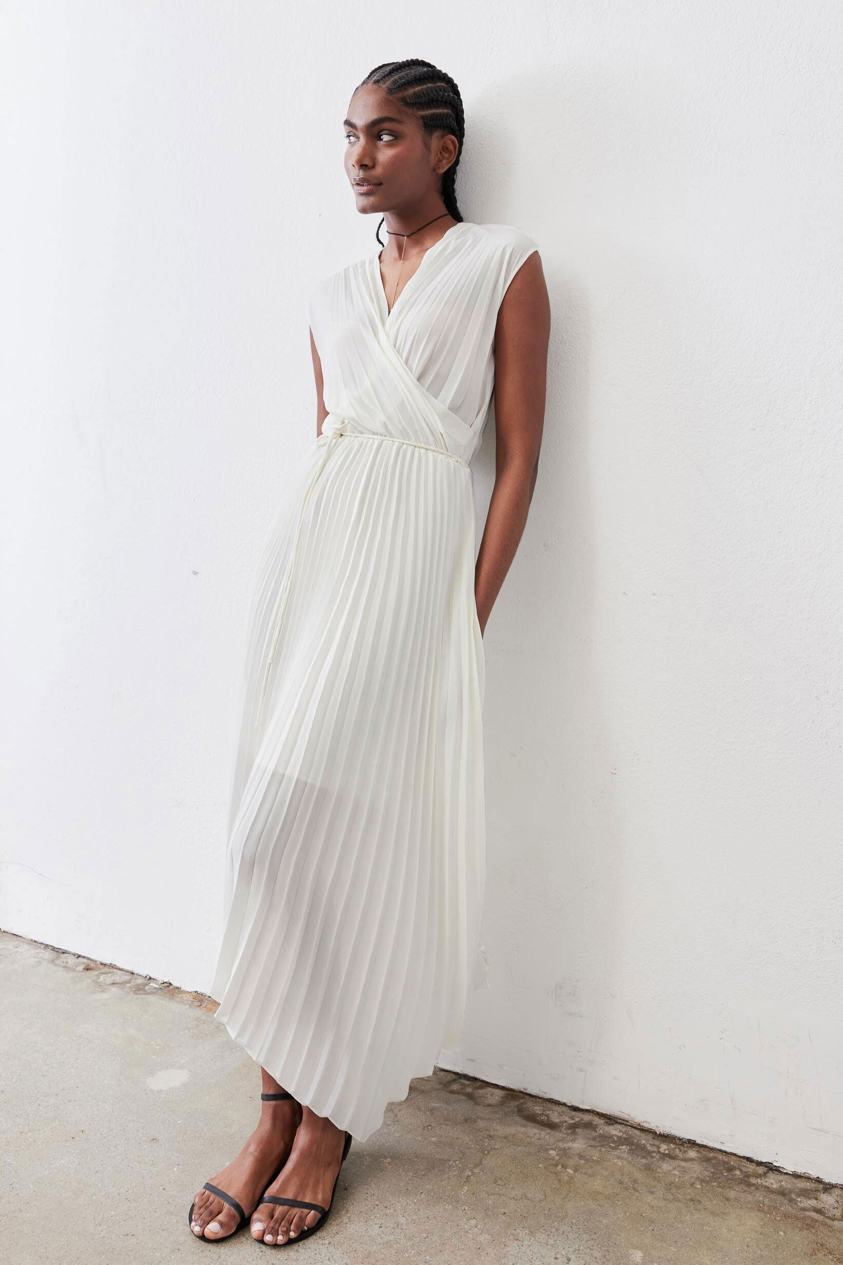 Pleated Cap-Sleeve Wrap Dress in Ivory