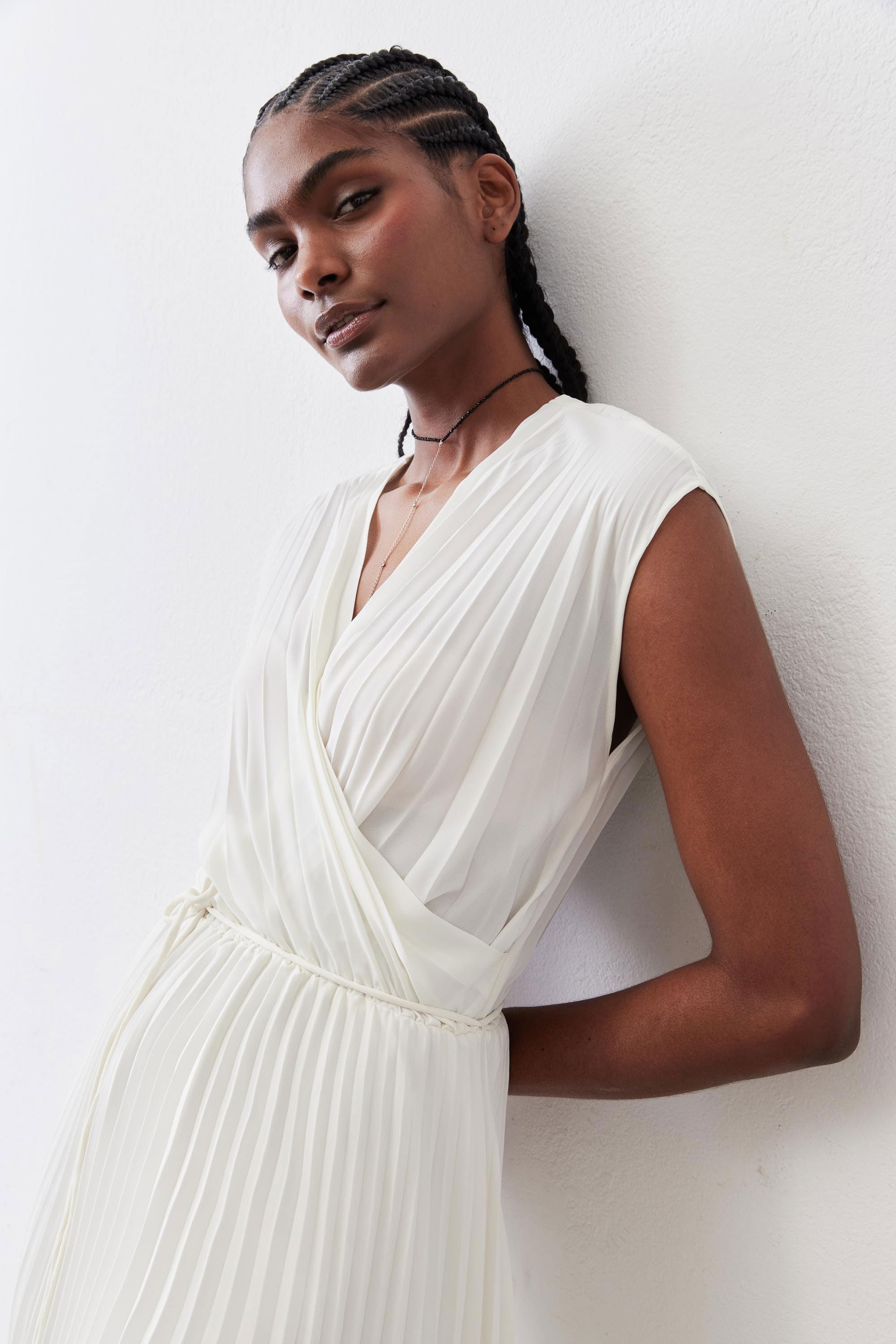 Pleated Cap-Sleeve Wrap Dress in Ivory