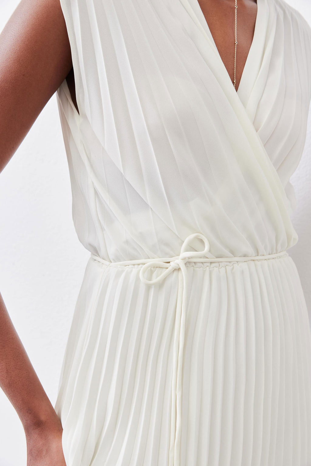Pleated Cap-Sleeve Wrap Dress in Ivory