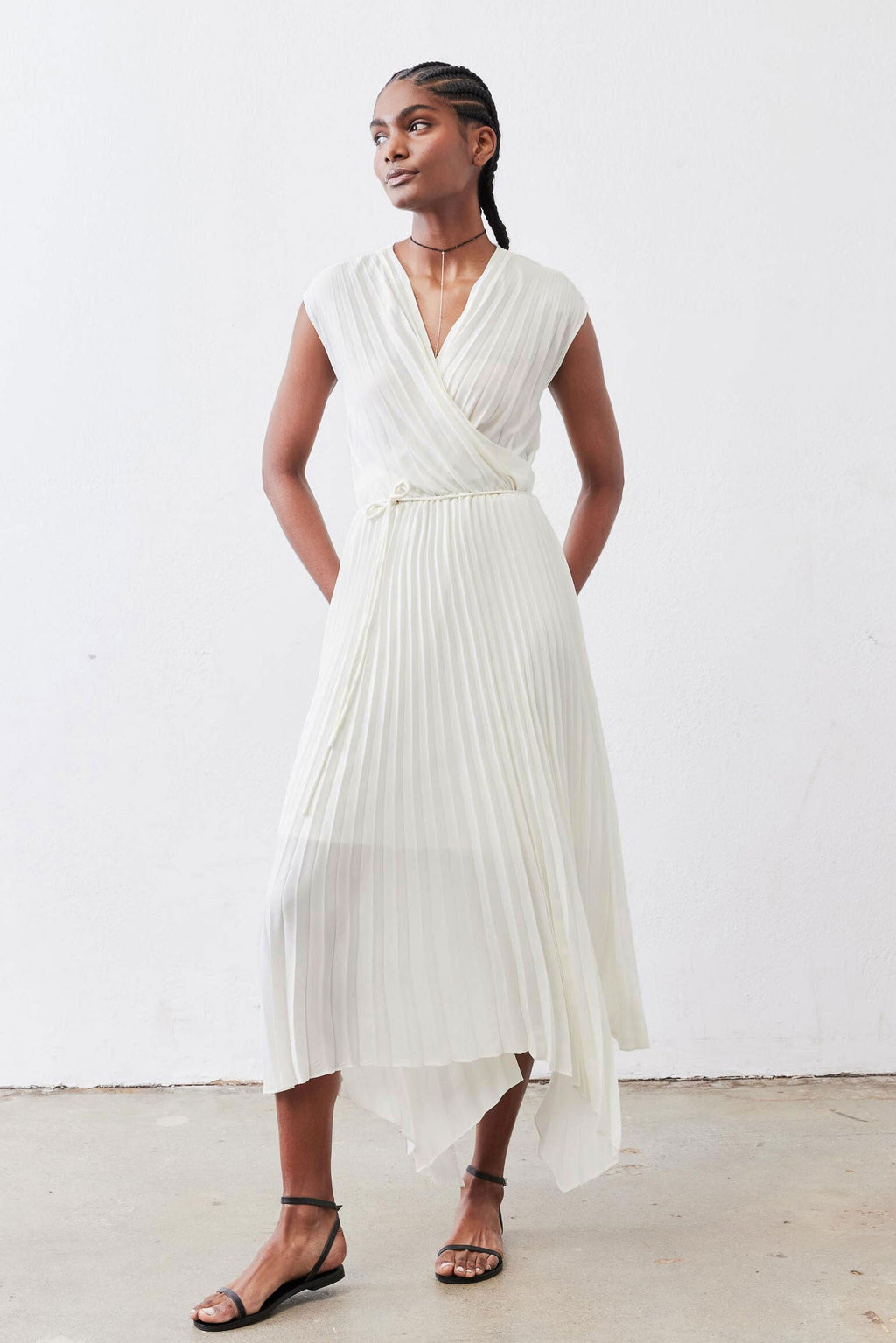 Pleated Cap-Sleeve Wrap Dress in Ivory