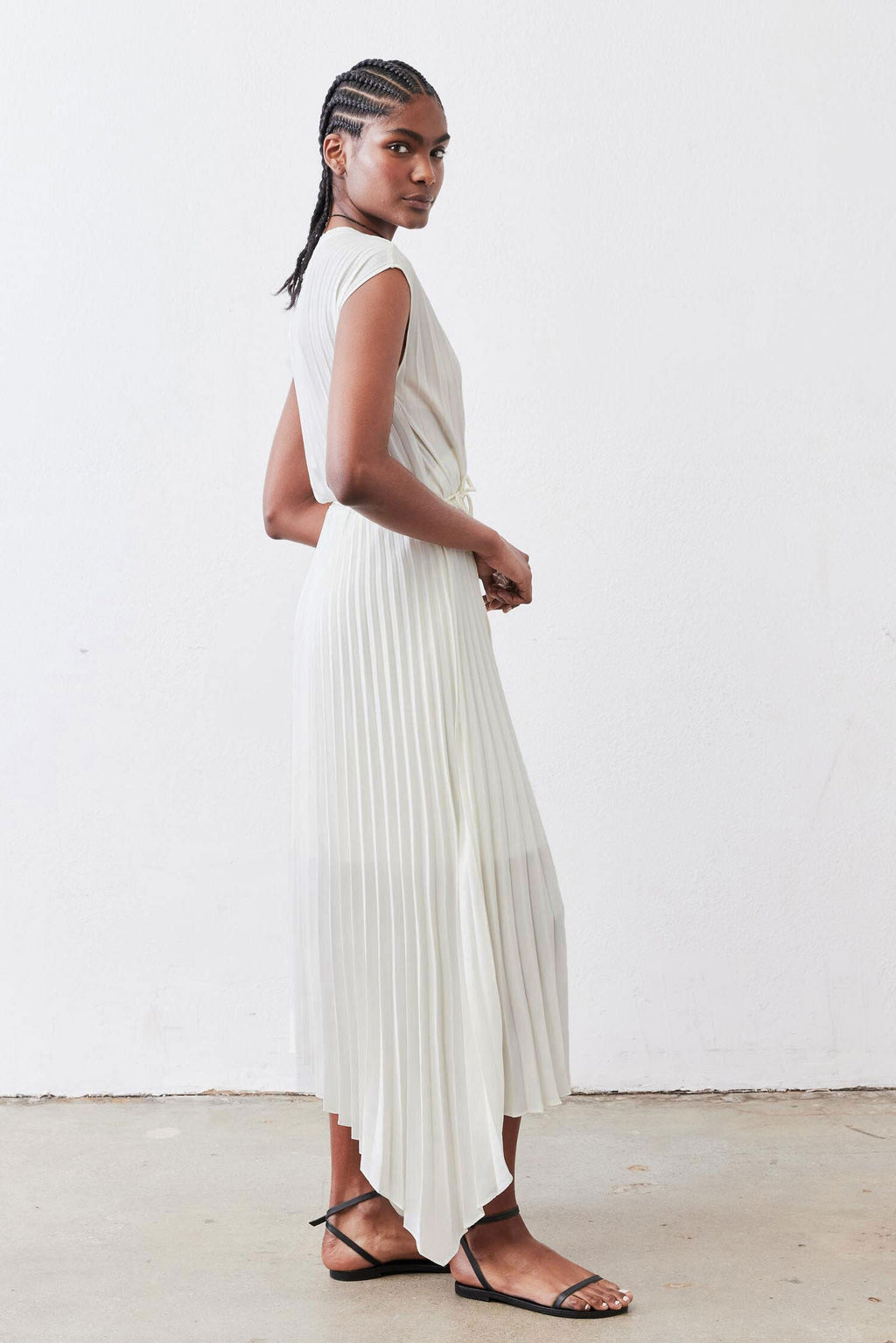 Pleated Cap-Sleeve Wrap Dress in Ivory