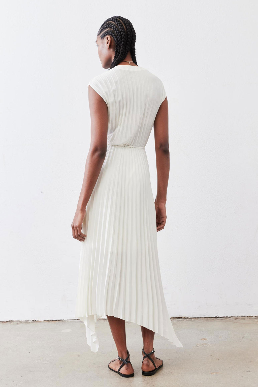 Pleated Cap-Sleeve Wrap Dress in Ivory