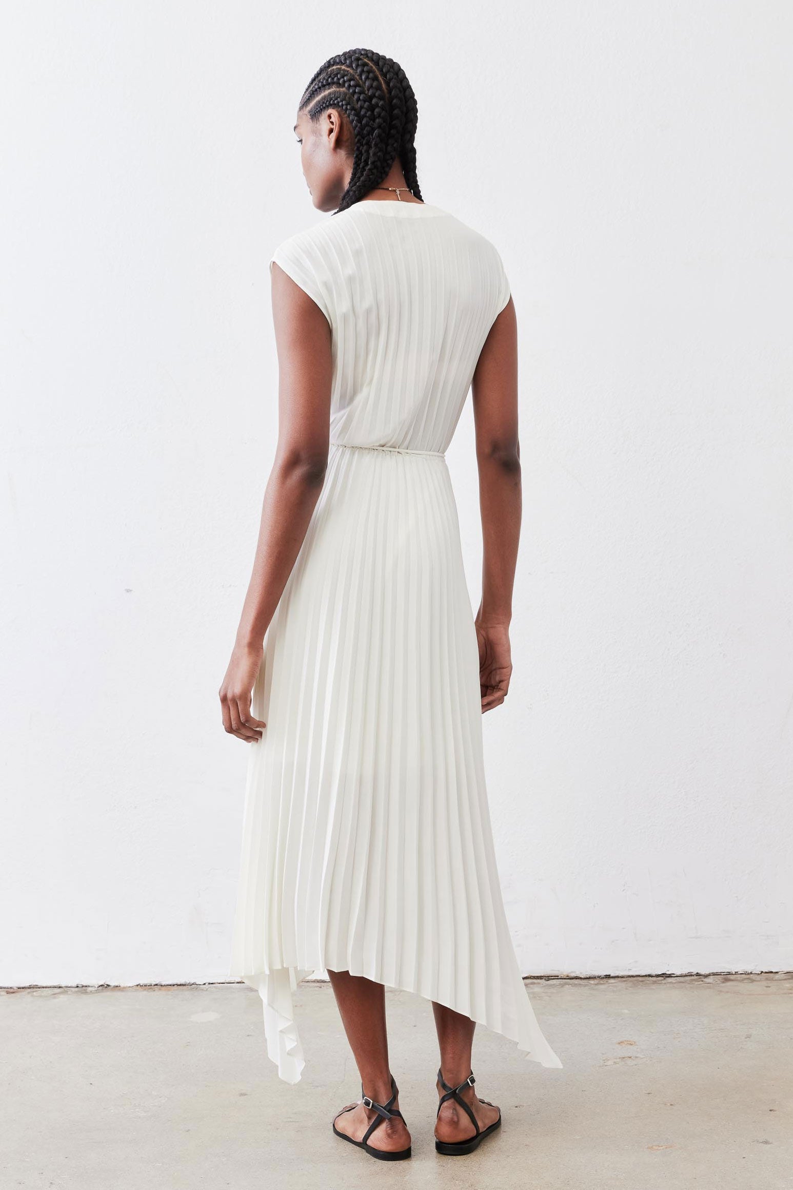 Pleated Cap-Sleeve Wrap Dress in Ivory