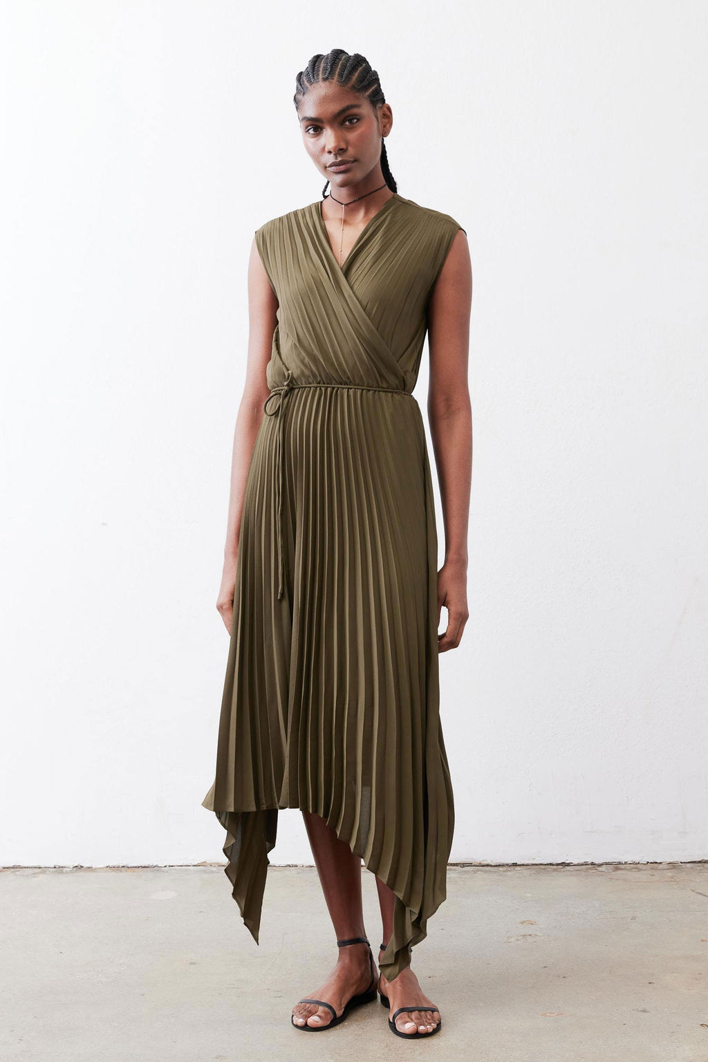 Pleated Cap-Sleeve Wrap Dress in Olive