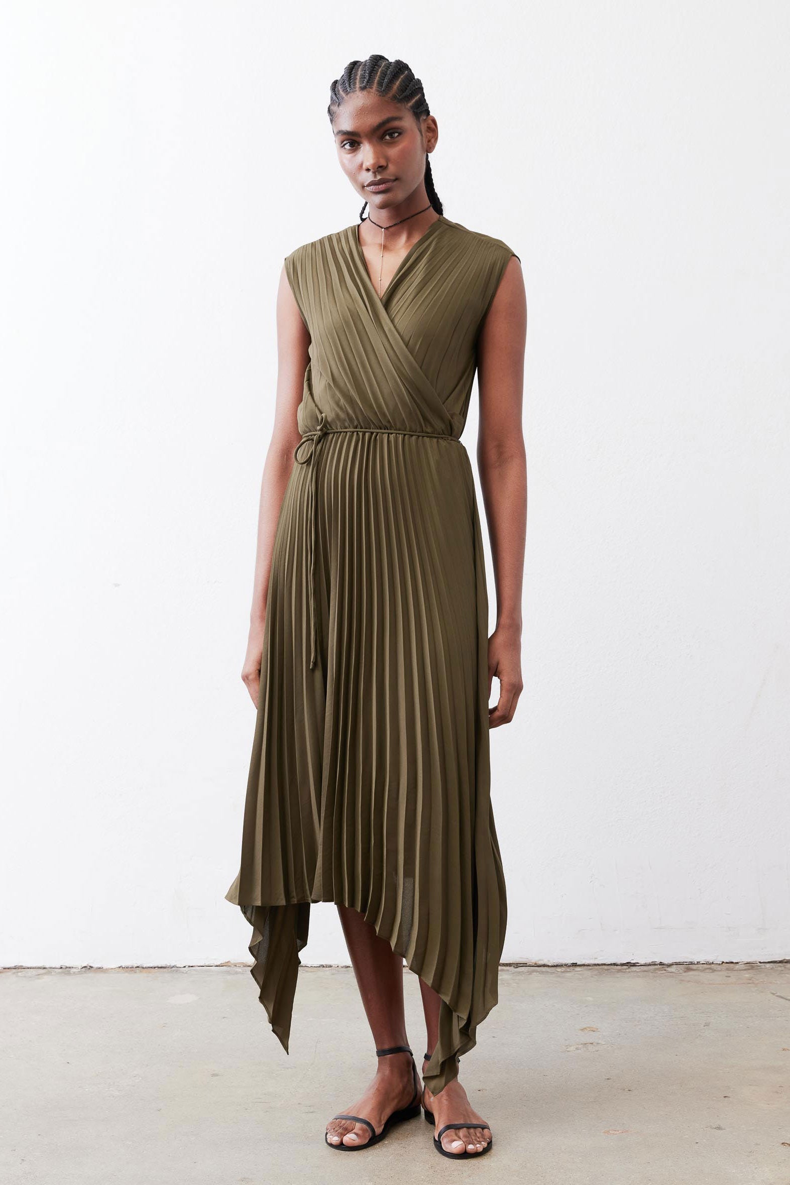 Pleated Cap-Sleeve Wrap Dress in Olive