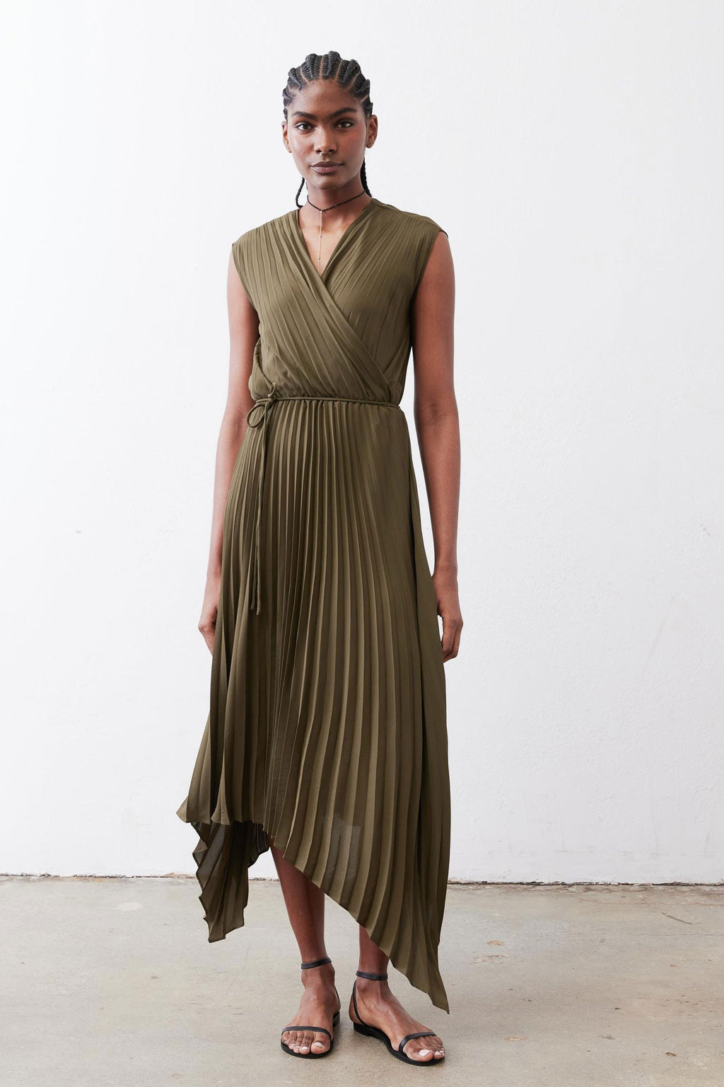 Pleated Cap-Sleeve Wrap Dress in Olive