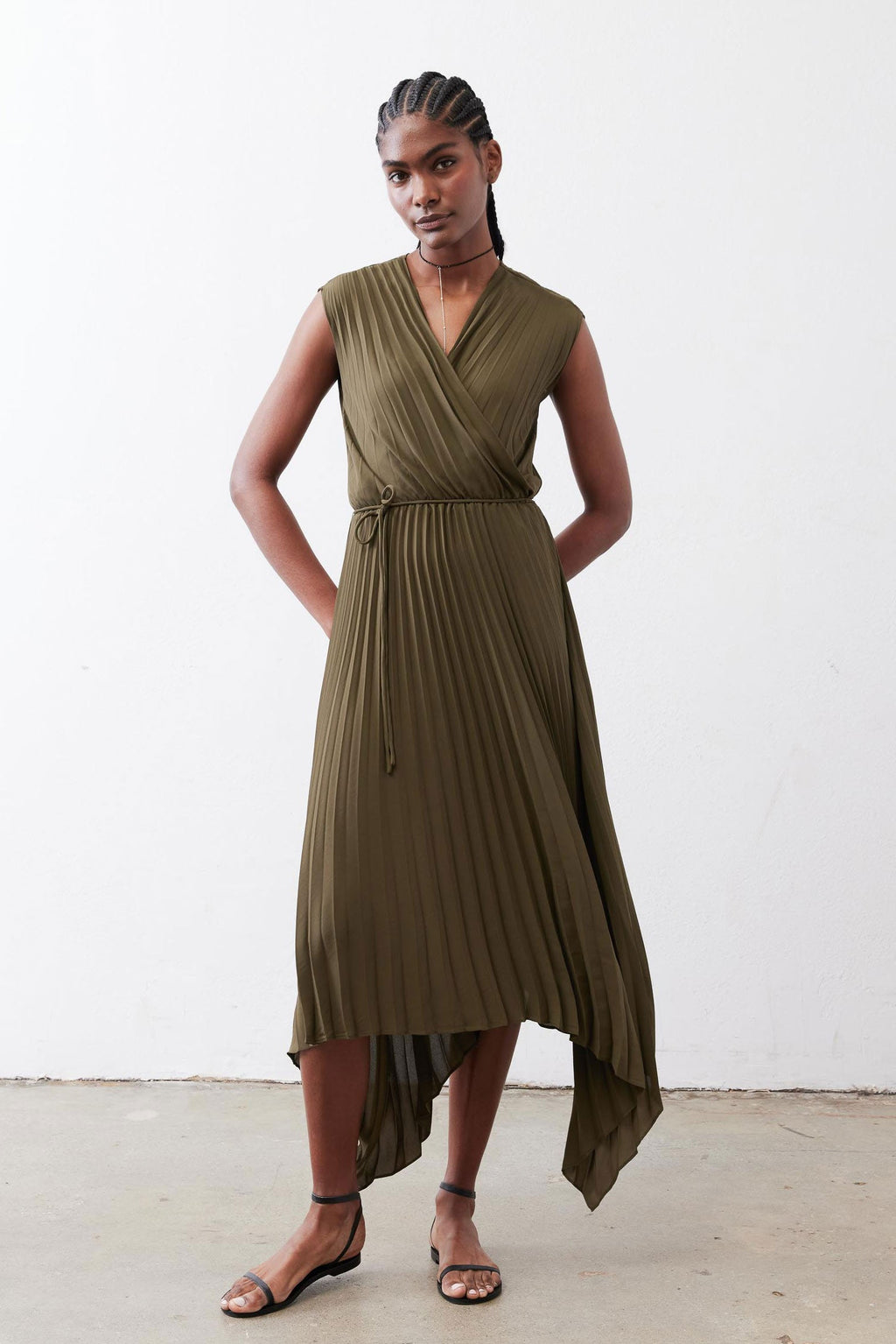 Pleated Cap-Sleeve Wrap Dress in Olive