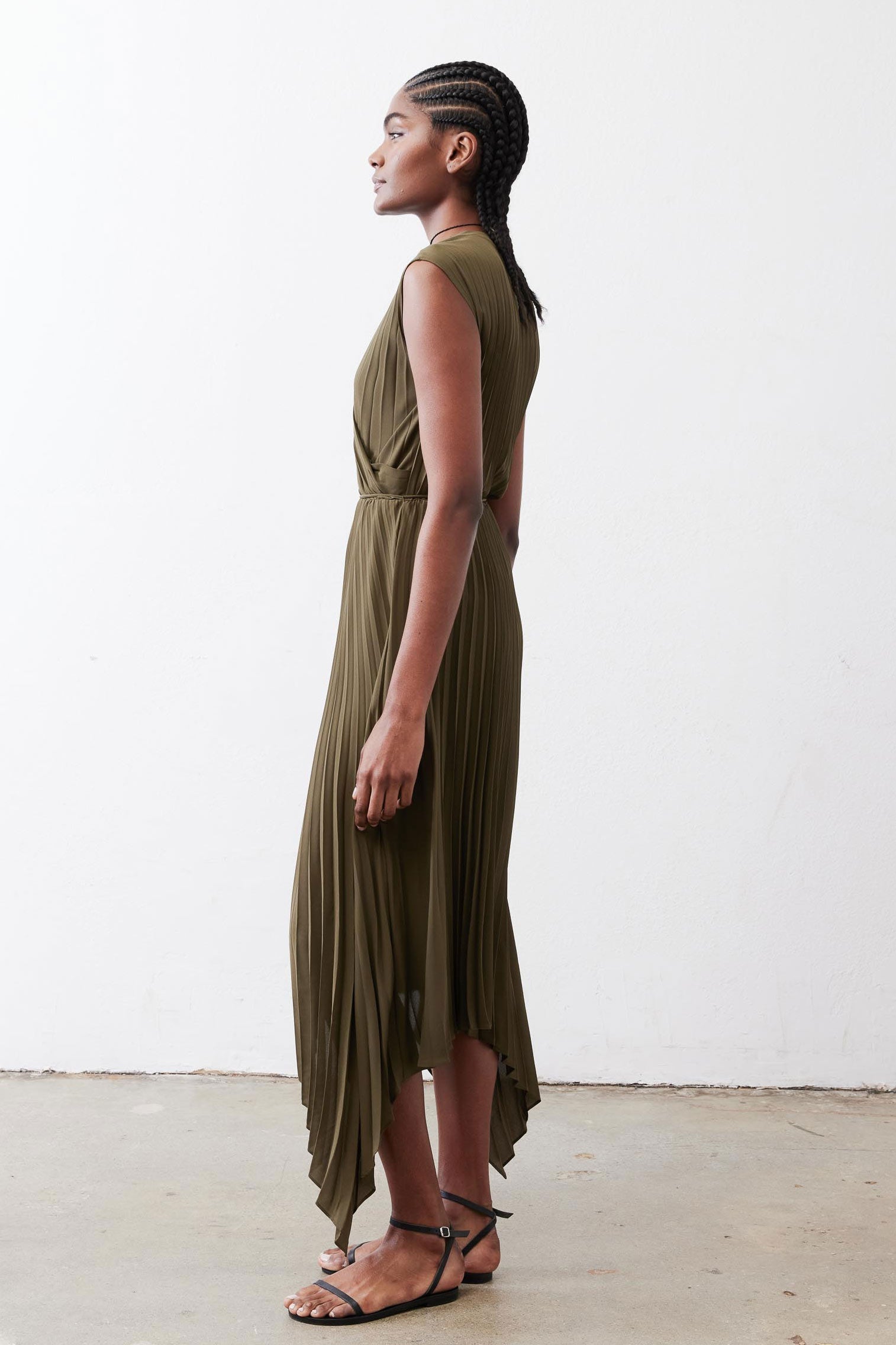 Pleated Cap-Sleeve Wrap Dress in Olive