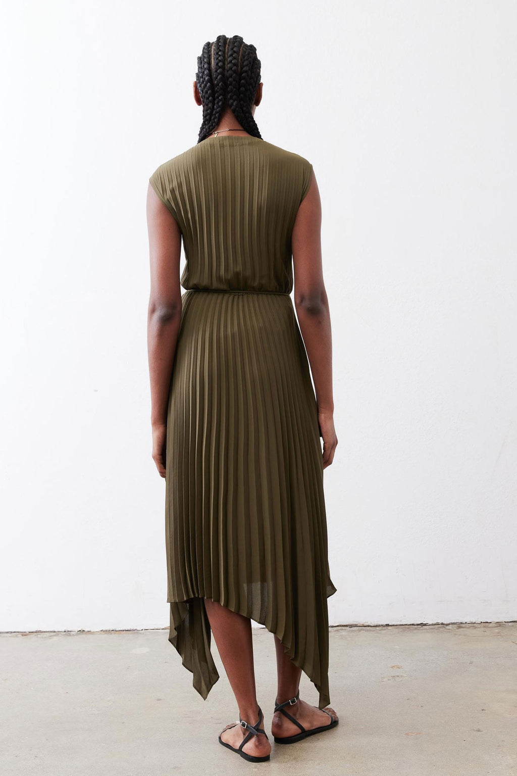 Pleated Cap-Sleeve Wrap Dress in Olive