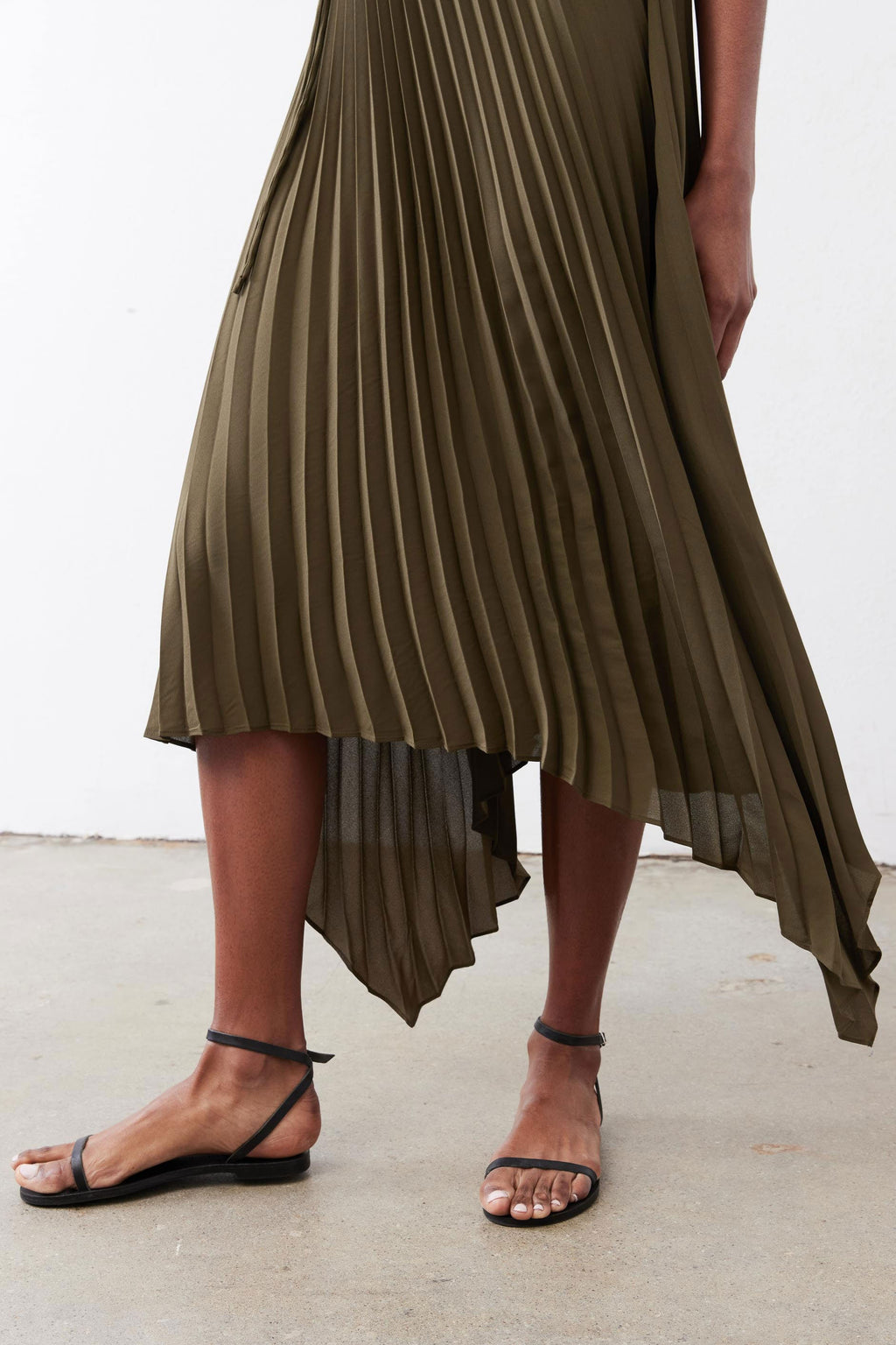 Pleated Cap-Sleeve Wrap Dress in Olive