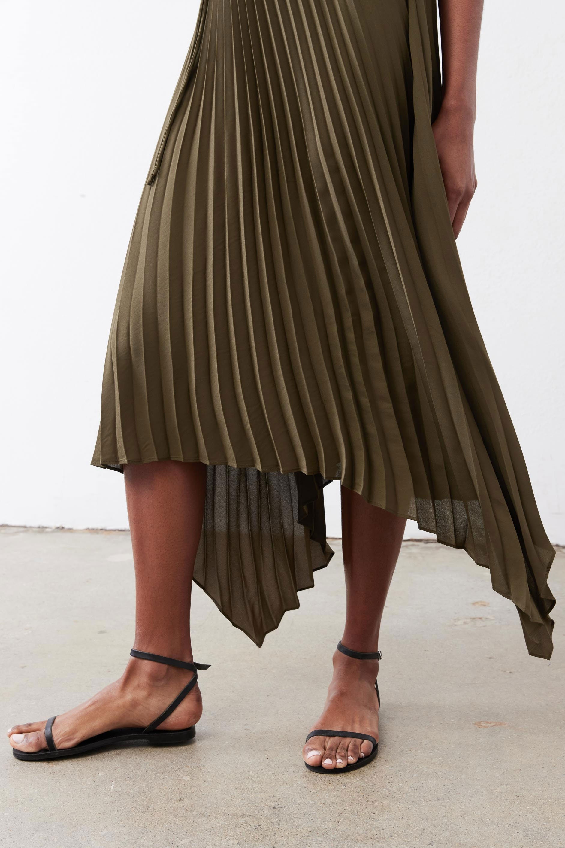 Pleated Cap-Sleeve Wrap Dress in Olive