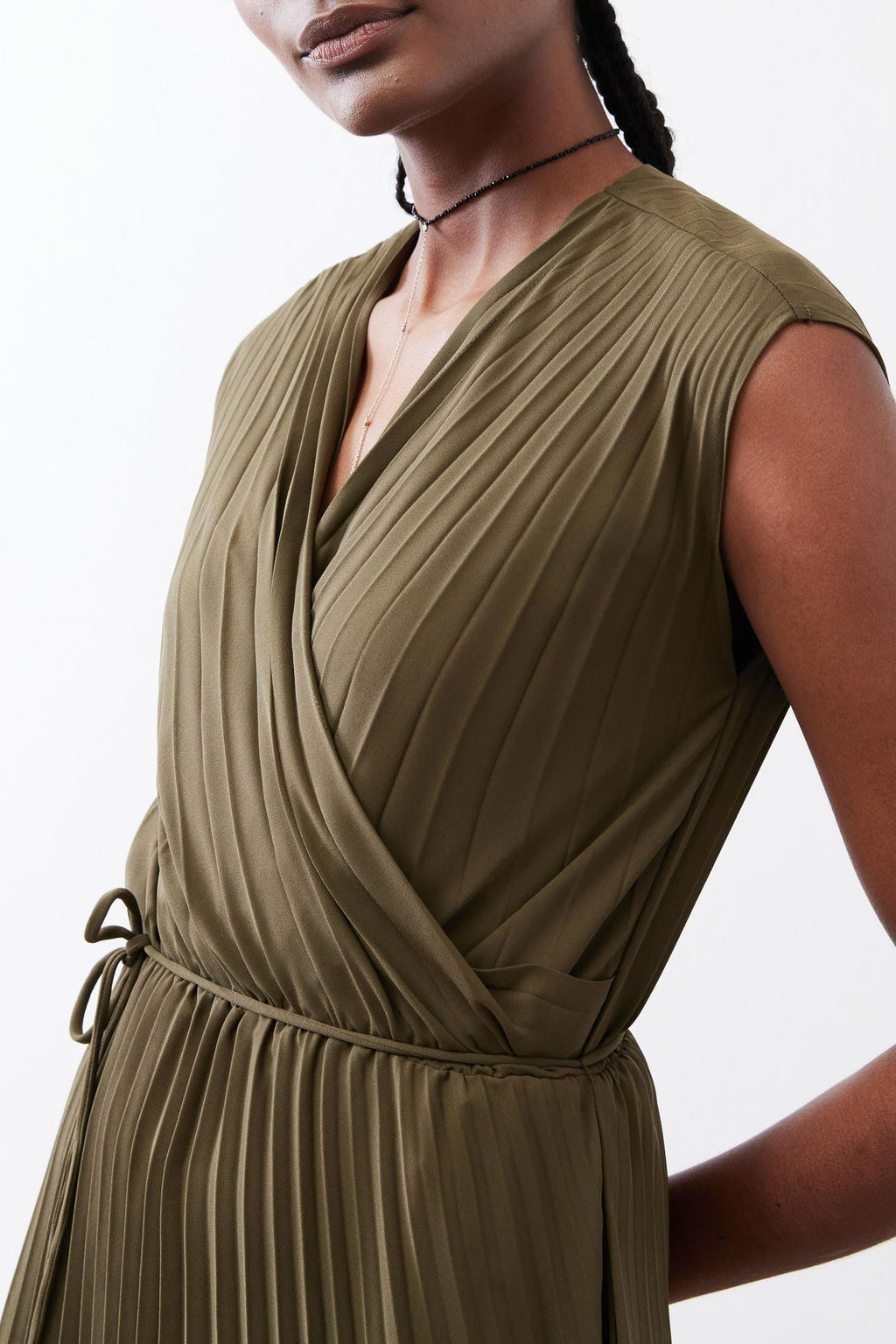 Pleated Cap-Sleeve Wrap Dress in Olive