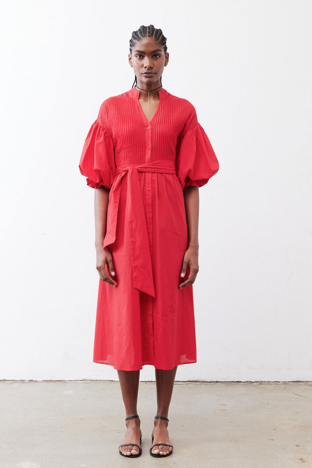 Pintuck Puff-Sleeve Midi Poplin Dress in Crimson
