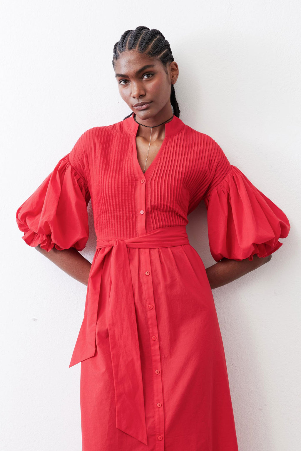 Pintuck Puff-Sleeve Midi Poplin Dress in Crimson