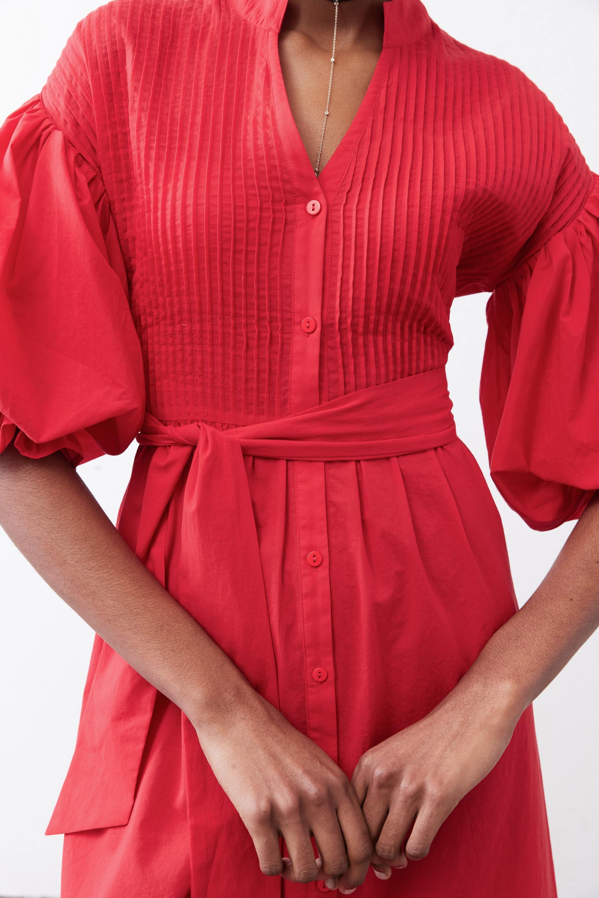 Pintuck Puff-Sleeve Midi Poplin Dress in Crimson