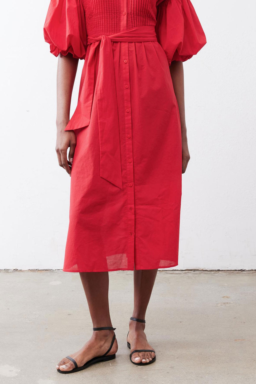Pintuck Puff-Sleeve Midi Poplin Dress in Crimson