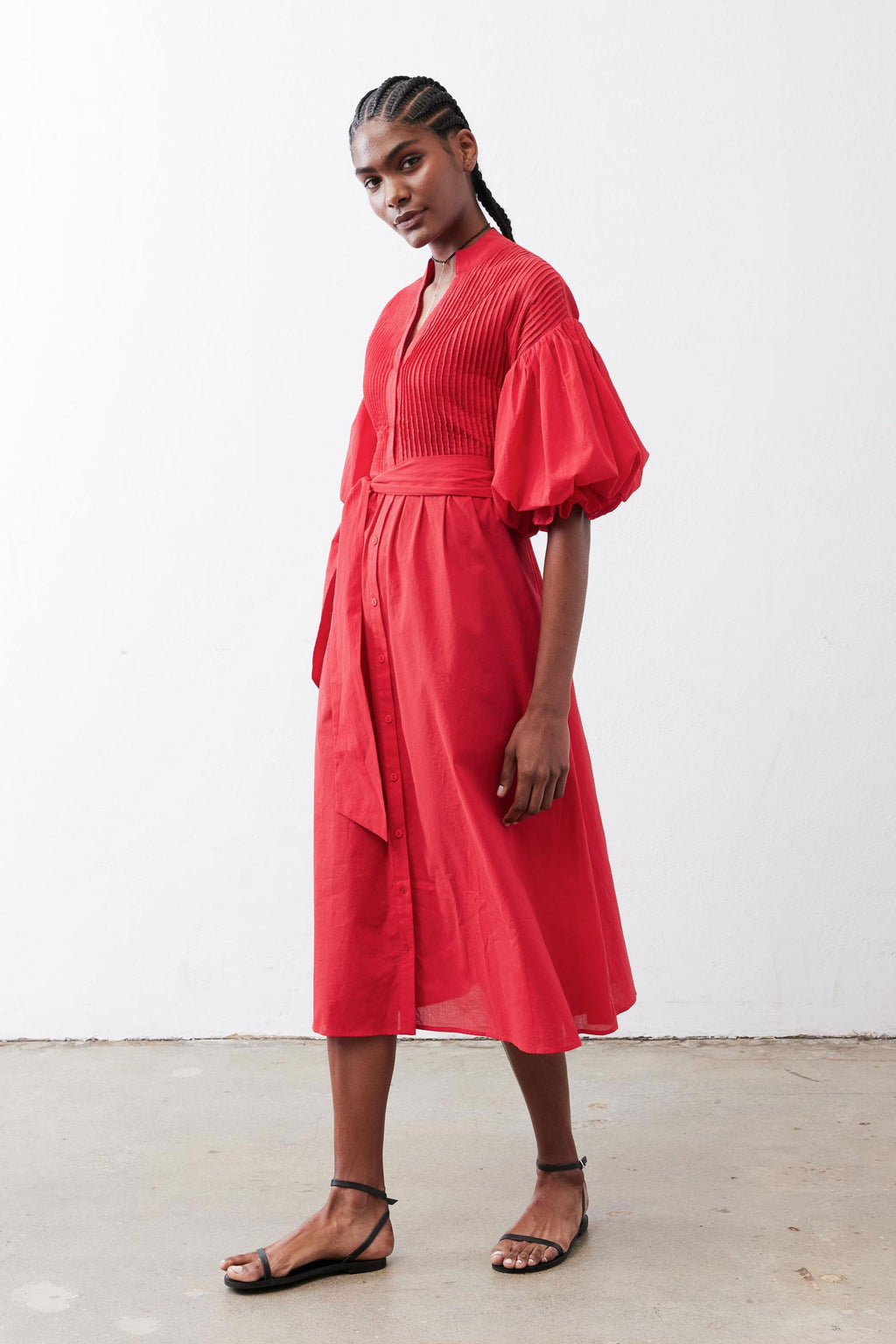 Pintuck Puff-Sleeve Midi Poplin Dress in Crimson
