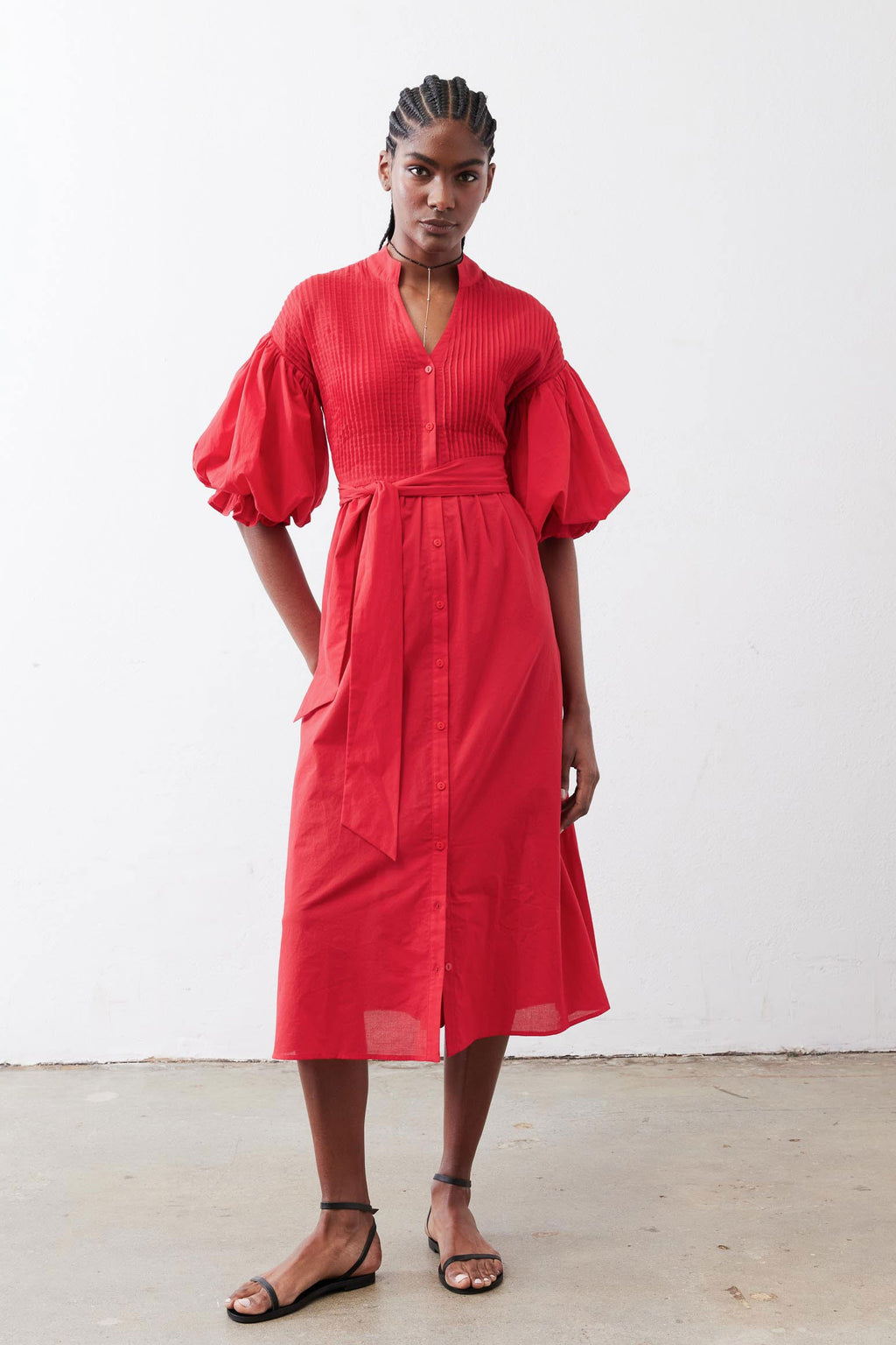 Pintuck Puff-Sleeve Midi Poplin Dress in Crimson
