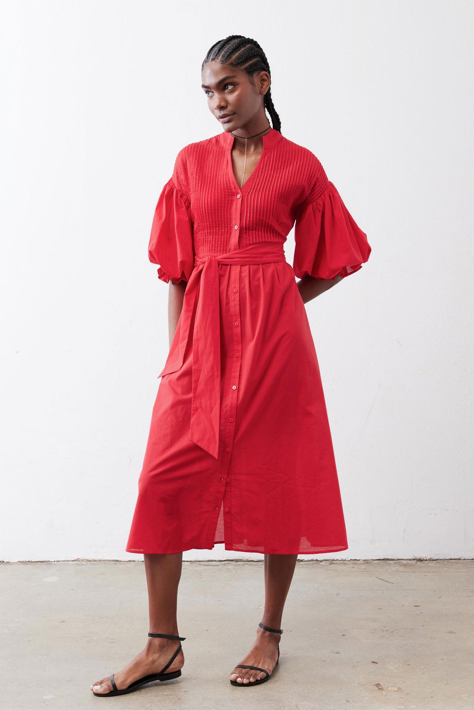 Pintuck Puff-Sleeve Midi Poplin Dress in Crimson
