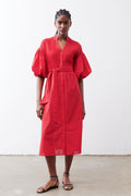 Pintuck Puff-Sleeve Midi Poplin Dress in Crimson
