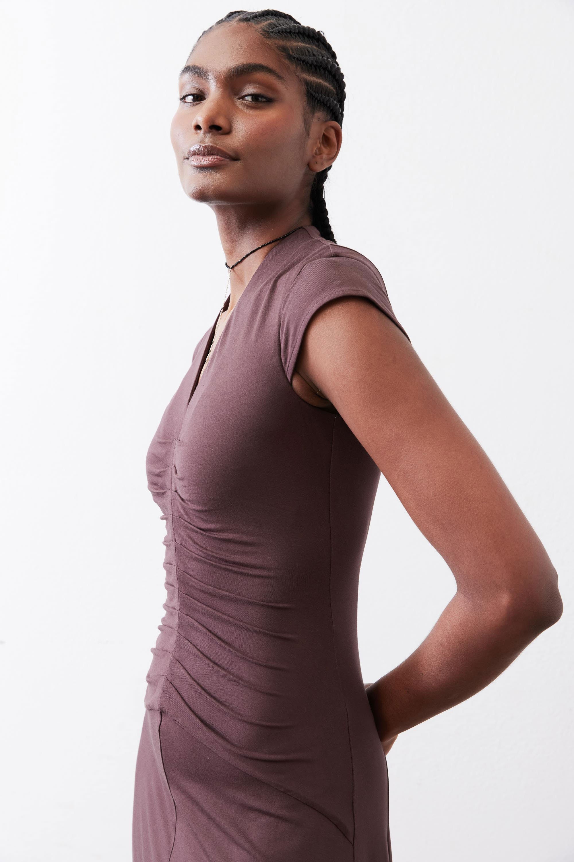 Ruched V-Neck Cap-Sleeve Midi Dress in Chocolate