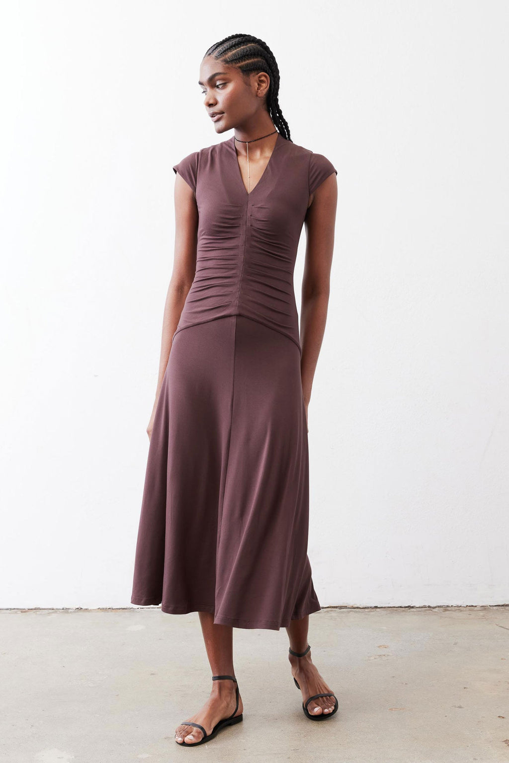Ruched V-Neck Cap-Sleeve Midi Dress in Chocolate