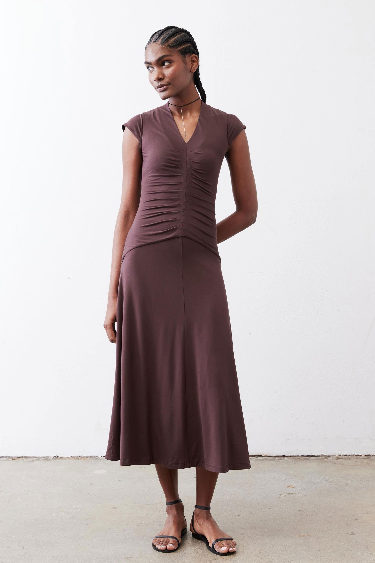 Ruched V-Neck Cap-Sleeve Midi Dress in Chocolate