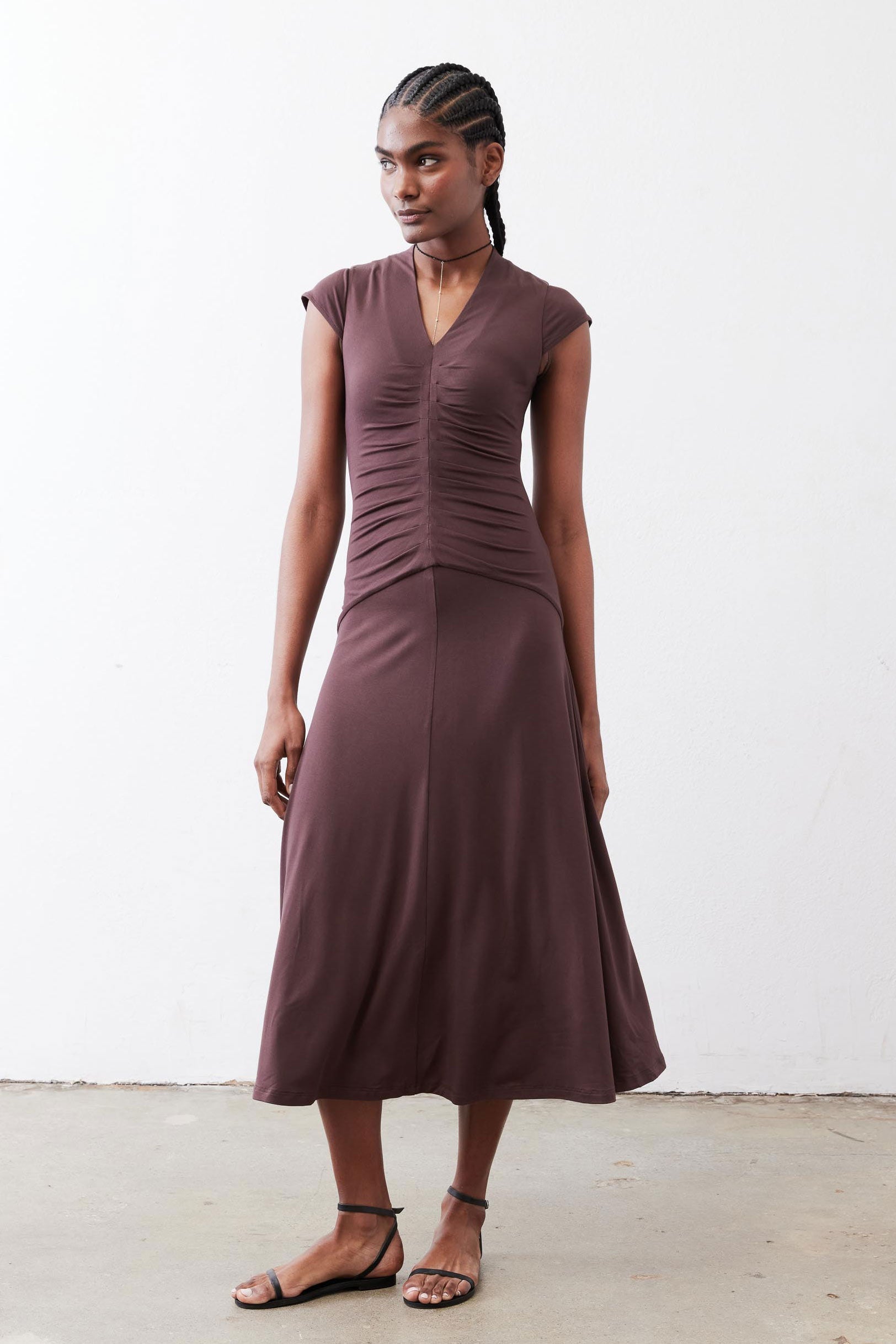 Ruched V-Neck Cap-Sleeve Midi Dress in Chocolate