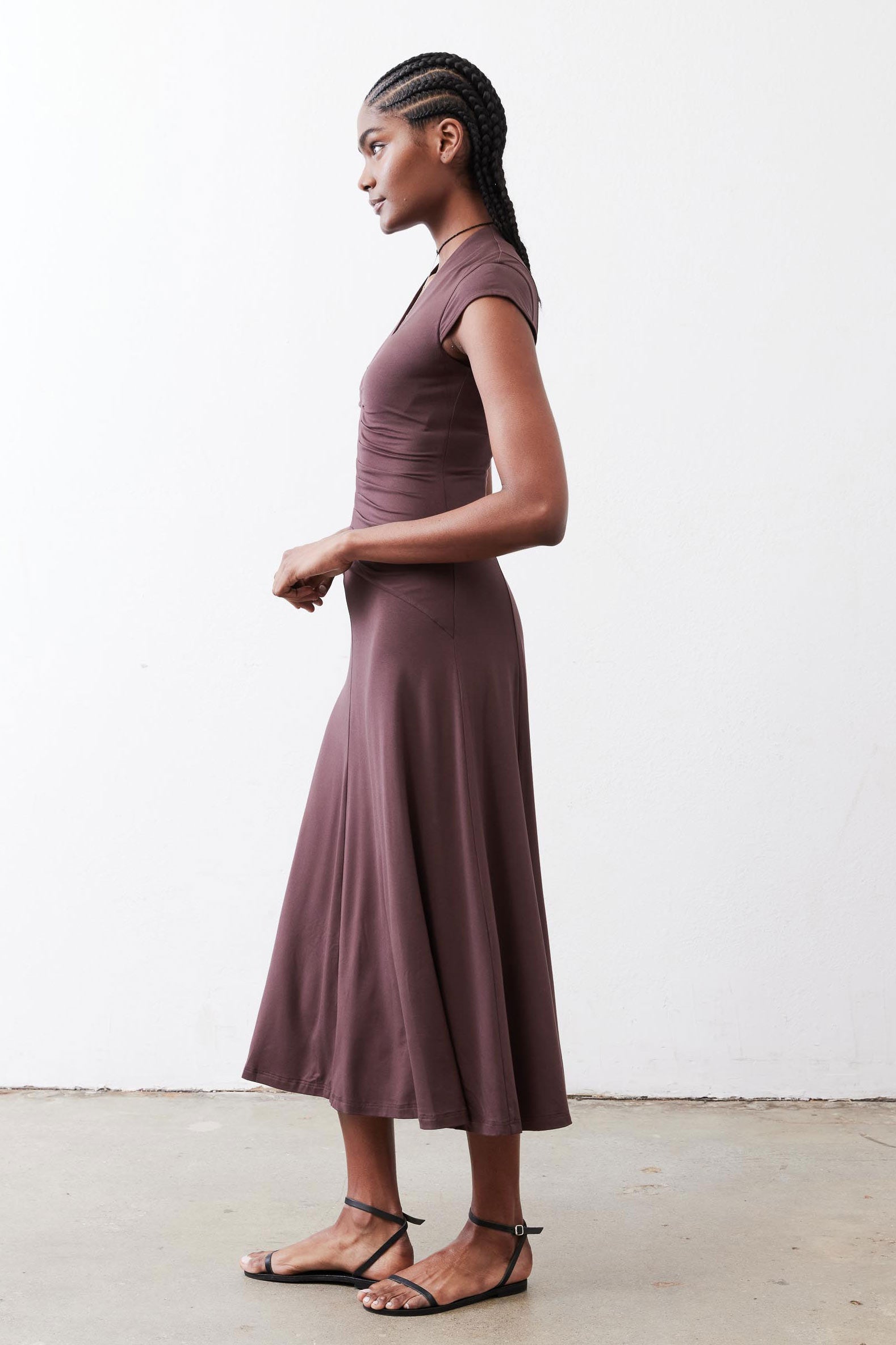 Ruched V-Neck Cap-Sleeve Midi Dress in Chocolate