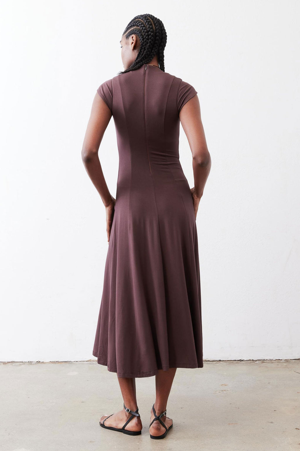 Ruched V-Neck Cap-Sleeve Midi Dress in Chocolate
