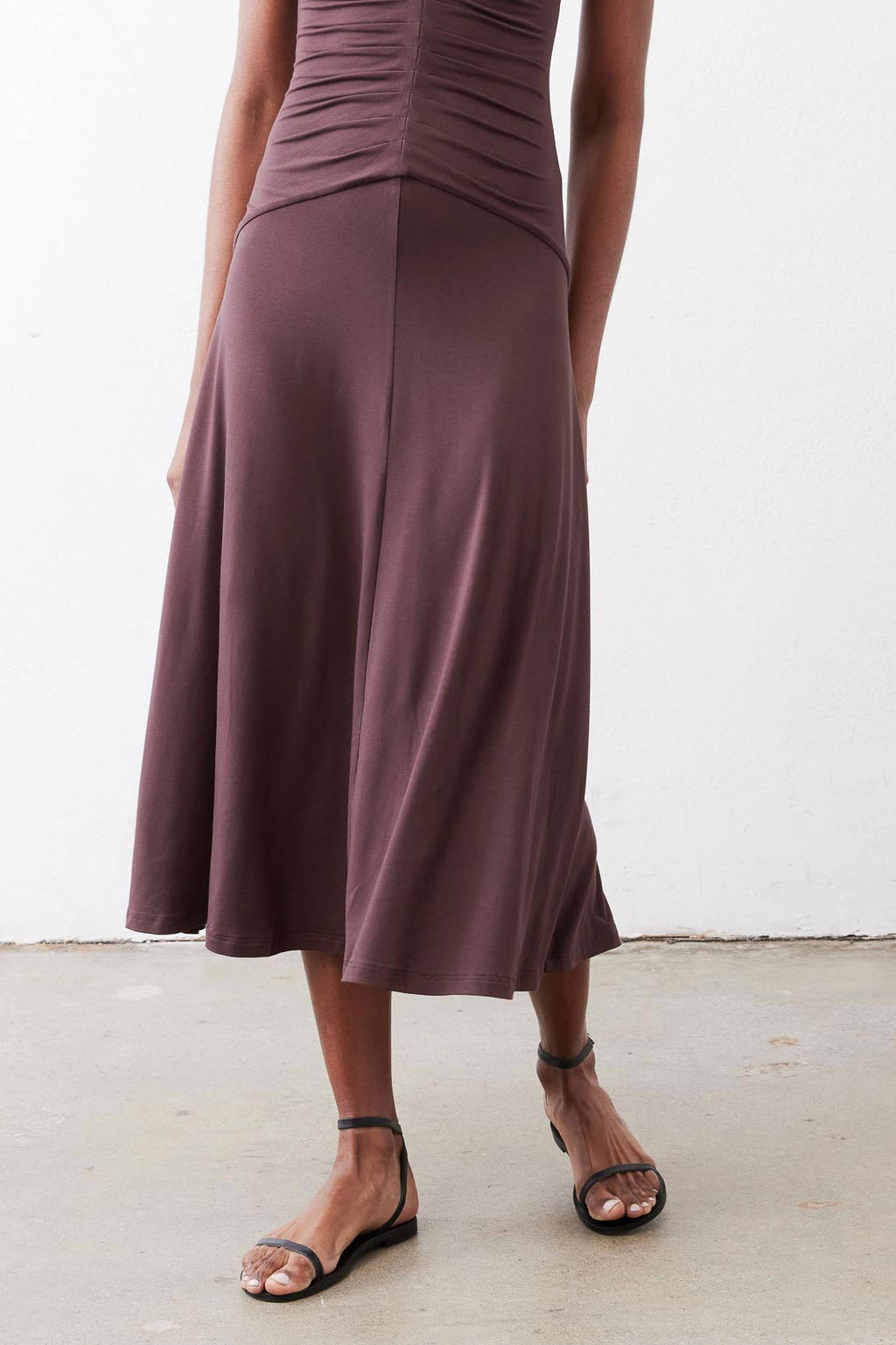 Ruched V-Neck Cap-Sleeve Midi Dress in Chocolate
