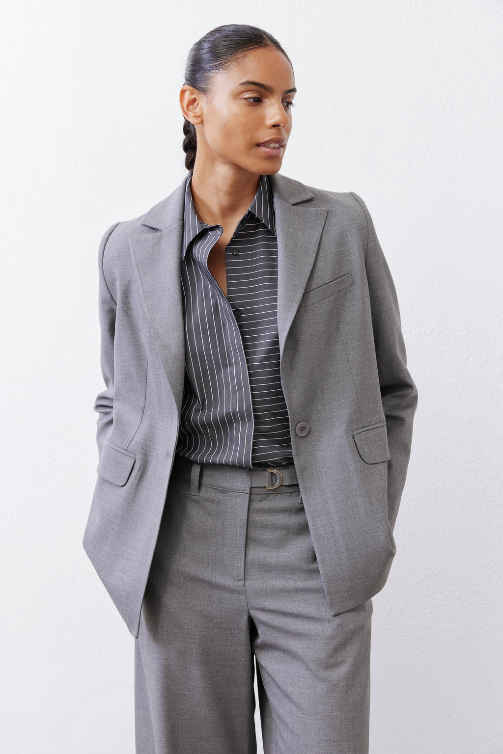 Squared-Off Structured Blazer in Pebble Melange