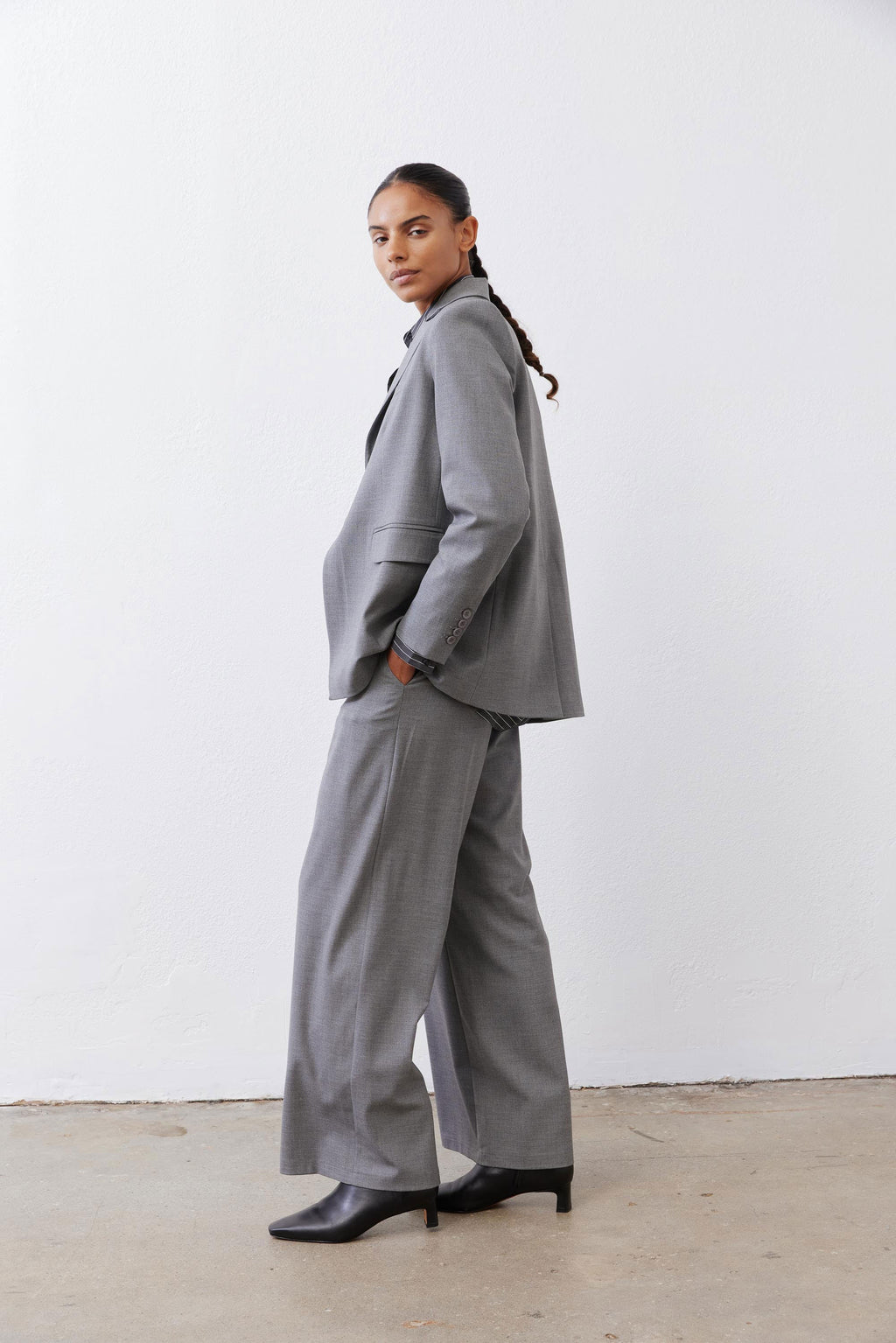 Squared-Off Structured Blazer in Pebble Melange