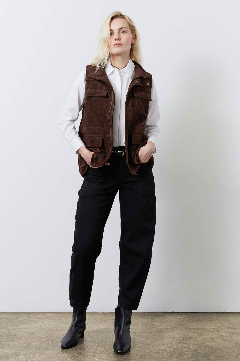 Longline Vegan Suede Cargo Vest in Cocoa