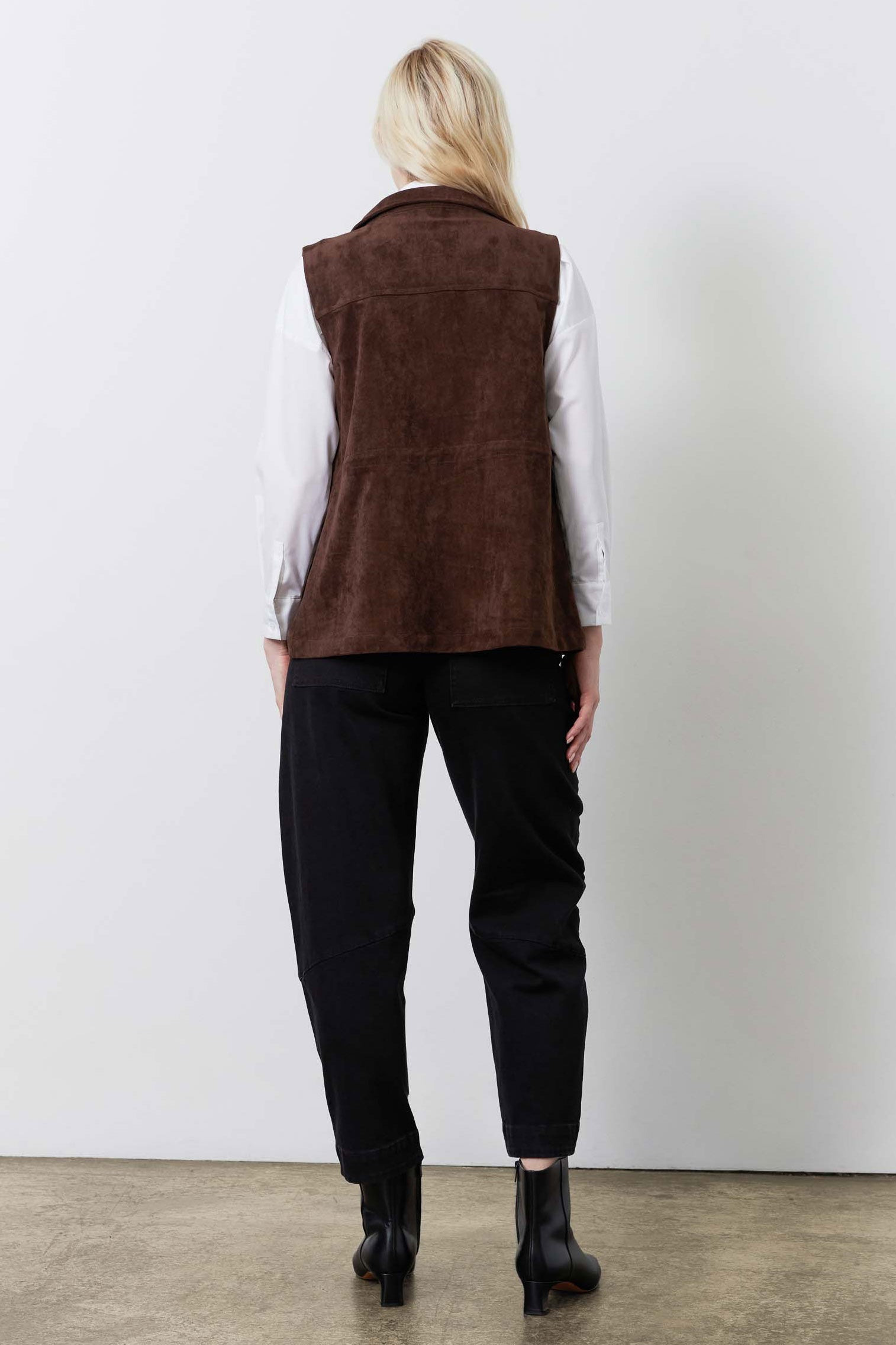 Longline Vegan Suede Cargo Vest in Cocoa