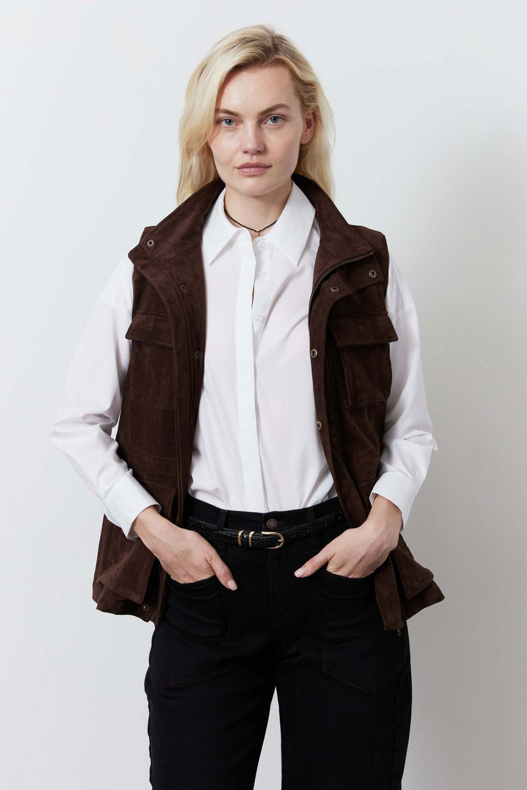 Longline Vegan Suede Cargo Vest in Cocoa