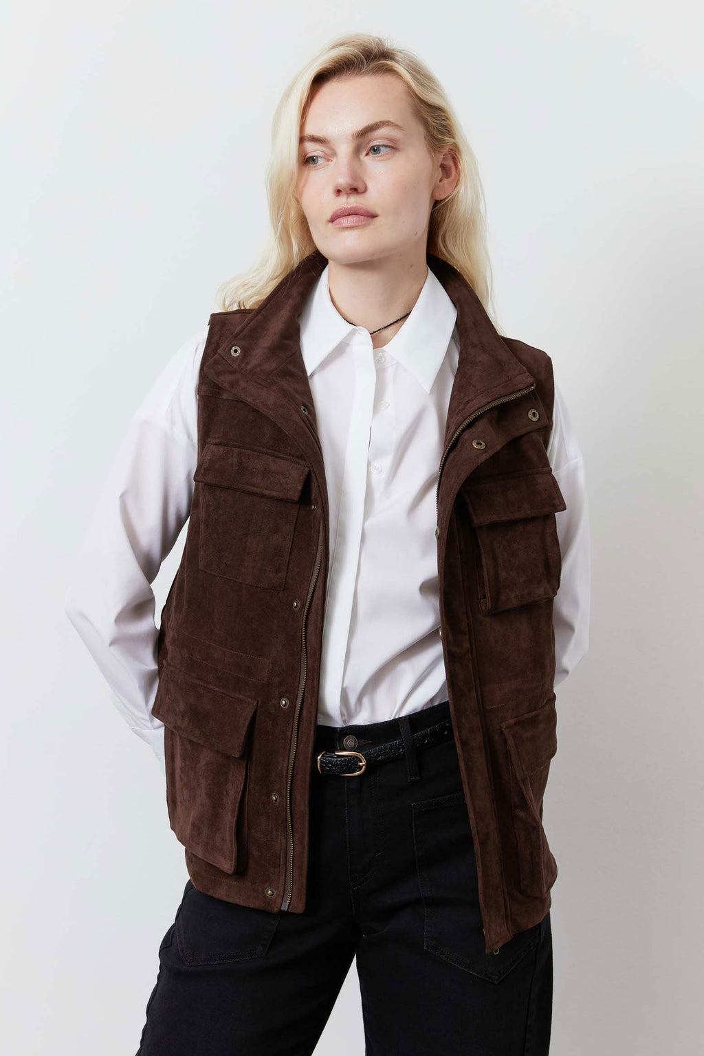 Longline Vegan Suede Cargo Vest in Cocoa