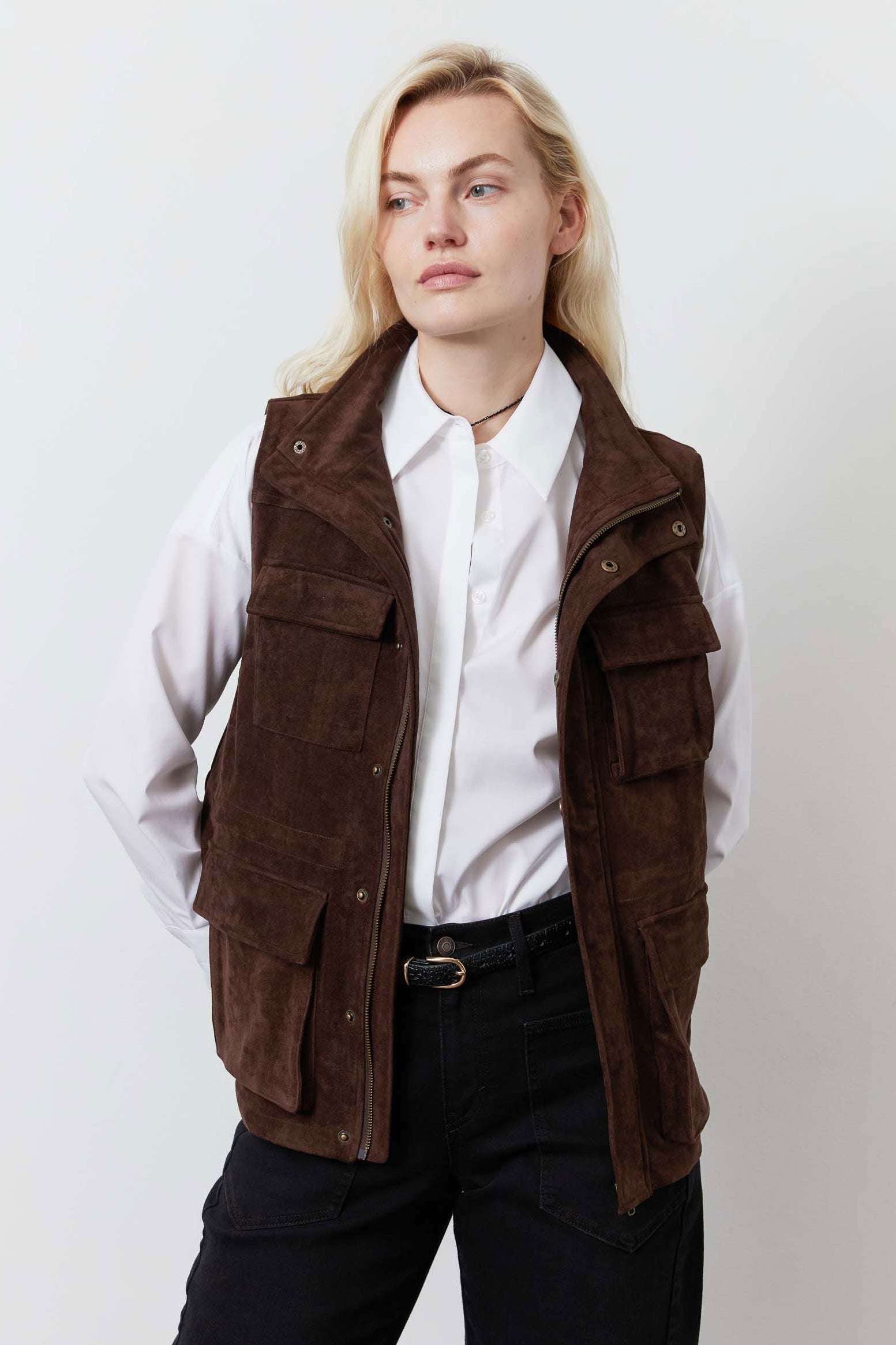 Longline Vegan Suede Cargo Vest in Cocoa