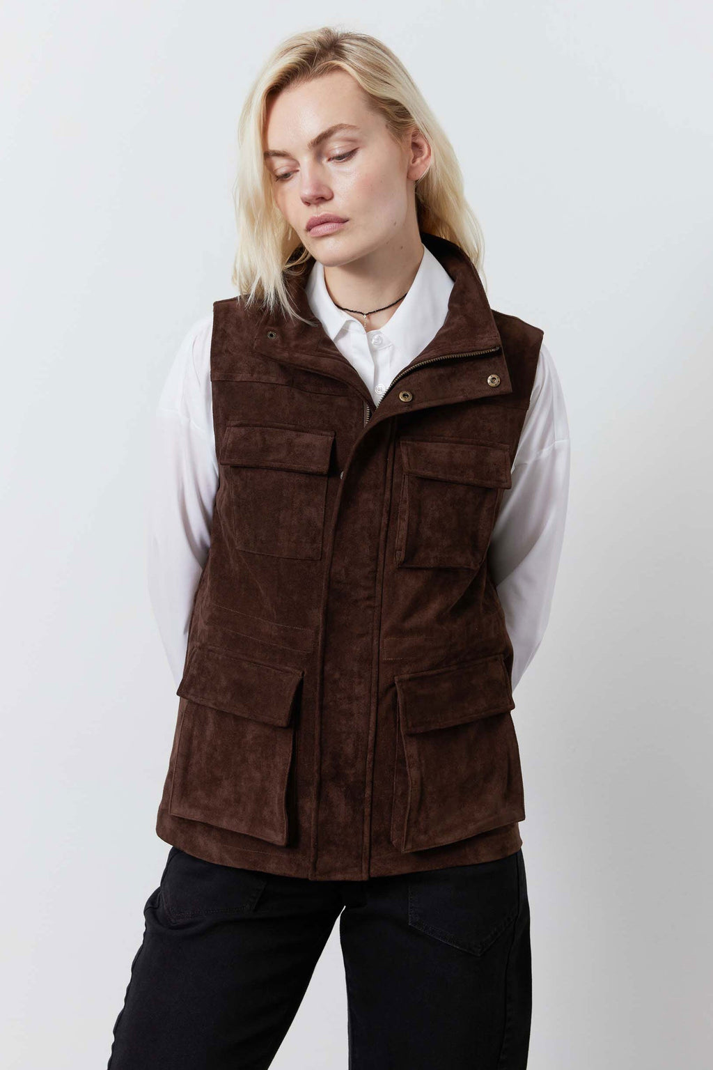 Longline Vegan Suede Cargo Vest in Cocoa